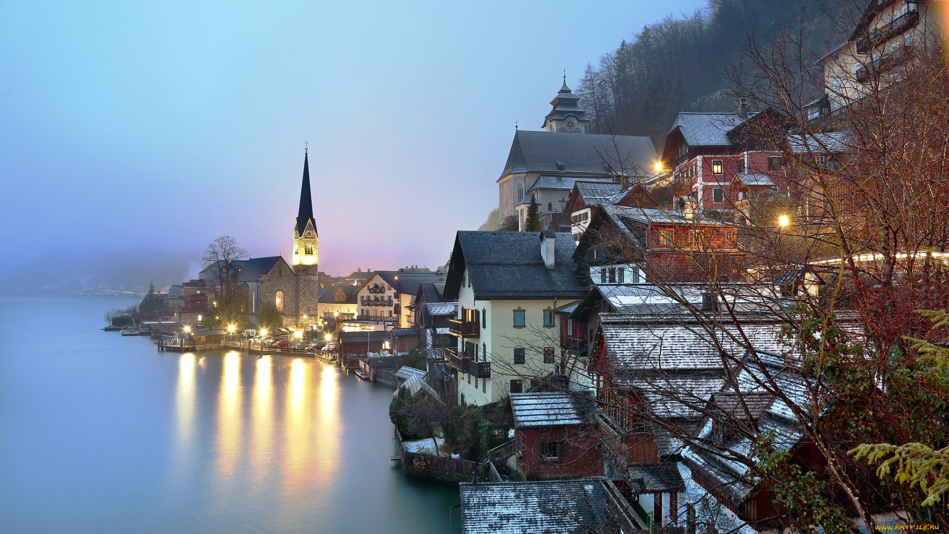 города, гальштат, , австрия, вечер, горы, озеро, огни