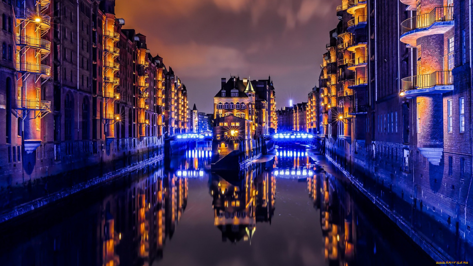 города, гамбург, , германия, огни, канал, ночь