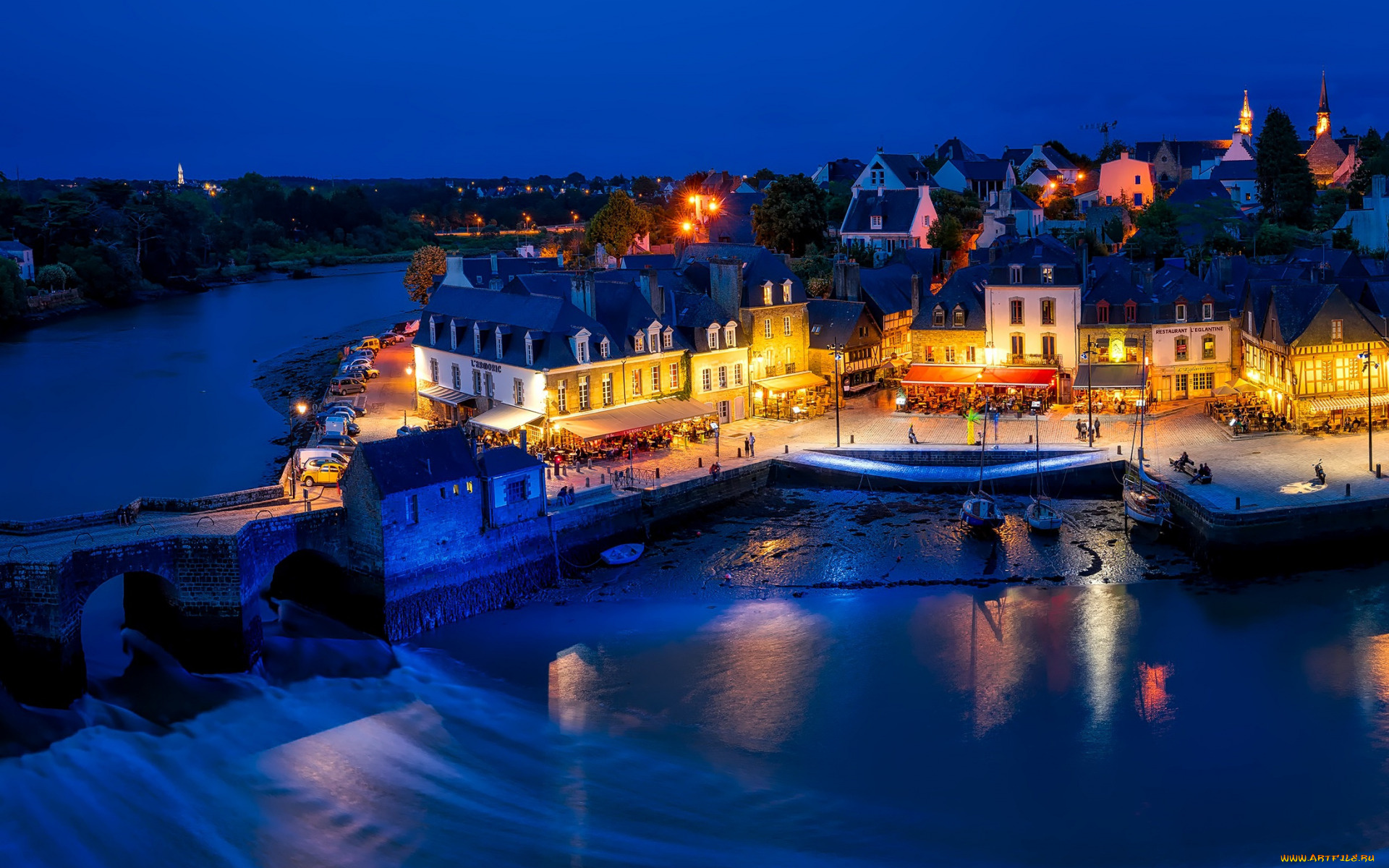 auray, , morbihan, , brittany, france, города, -, огни, ночного, города, вечер, закат, город, коммуна, река, франция, британия, морбиан