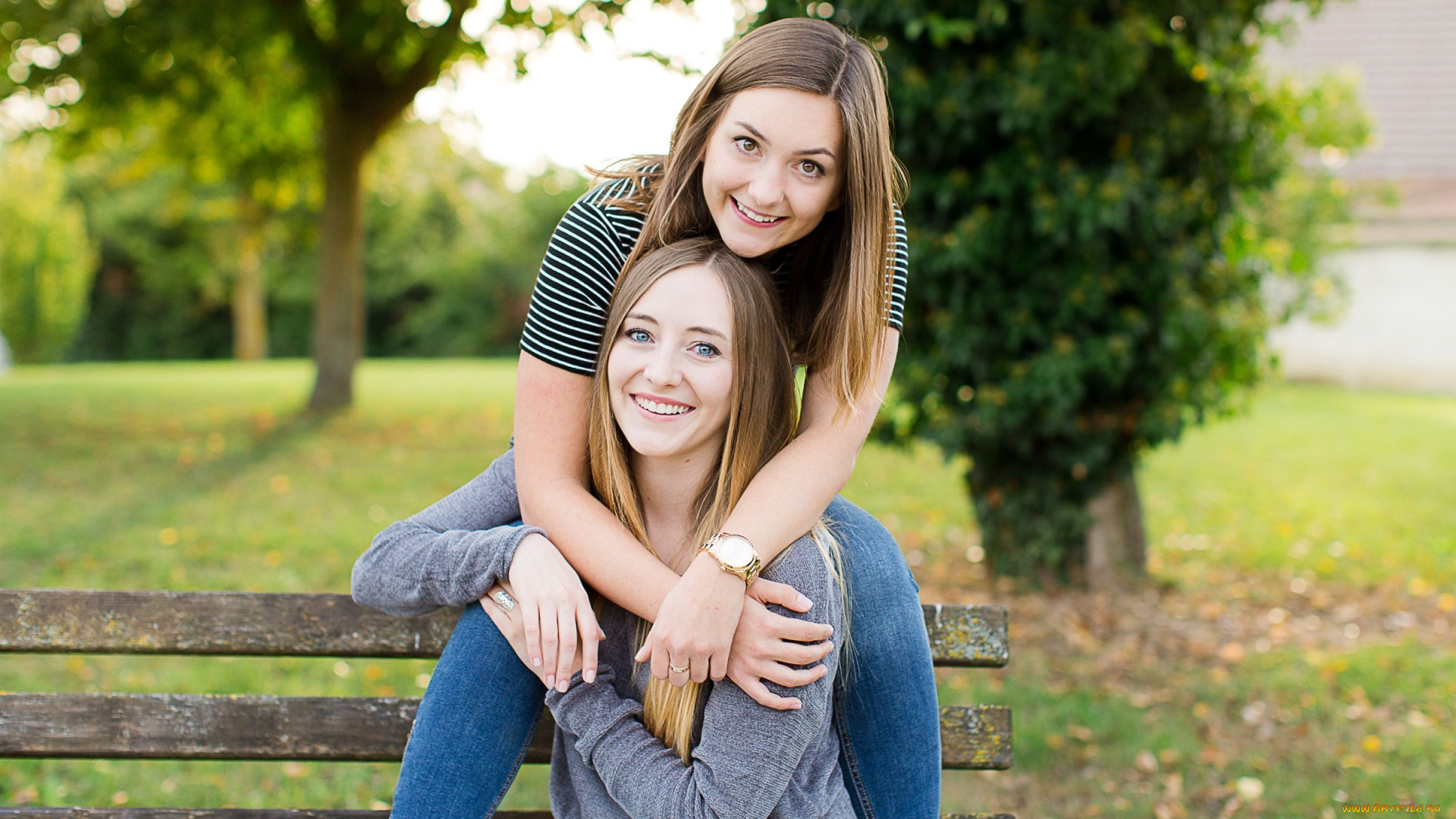 девушки, -, группа, девушек, сёстры, парк, улыбки