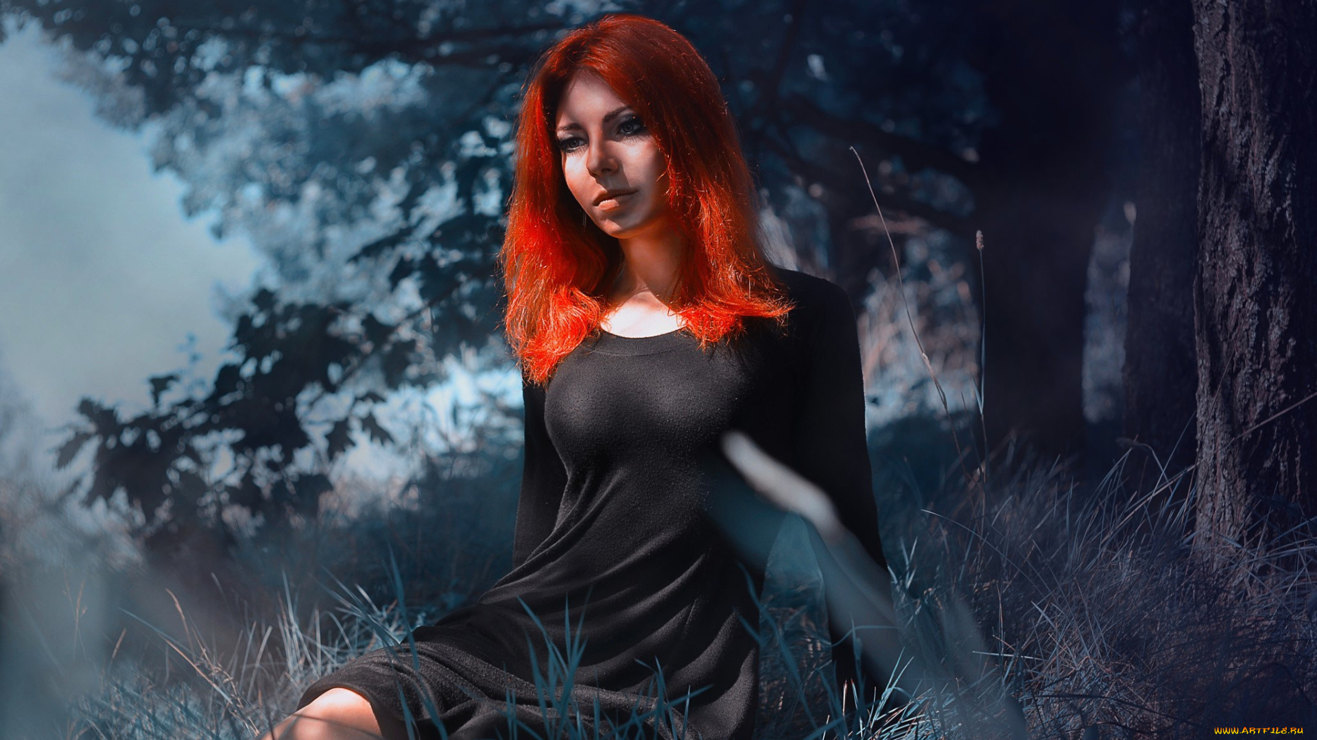 девушки, -, рыжеволосые, и, разноцветные, девушка, модель, рыжеволосая, поза, платье, чёрный, взгляд, причёска, макияж