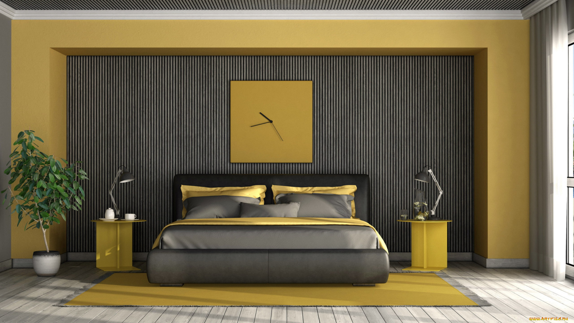 интерьер, спальня, кровать, часы, тумбочки, лампы