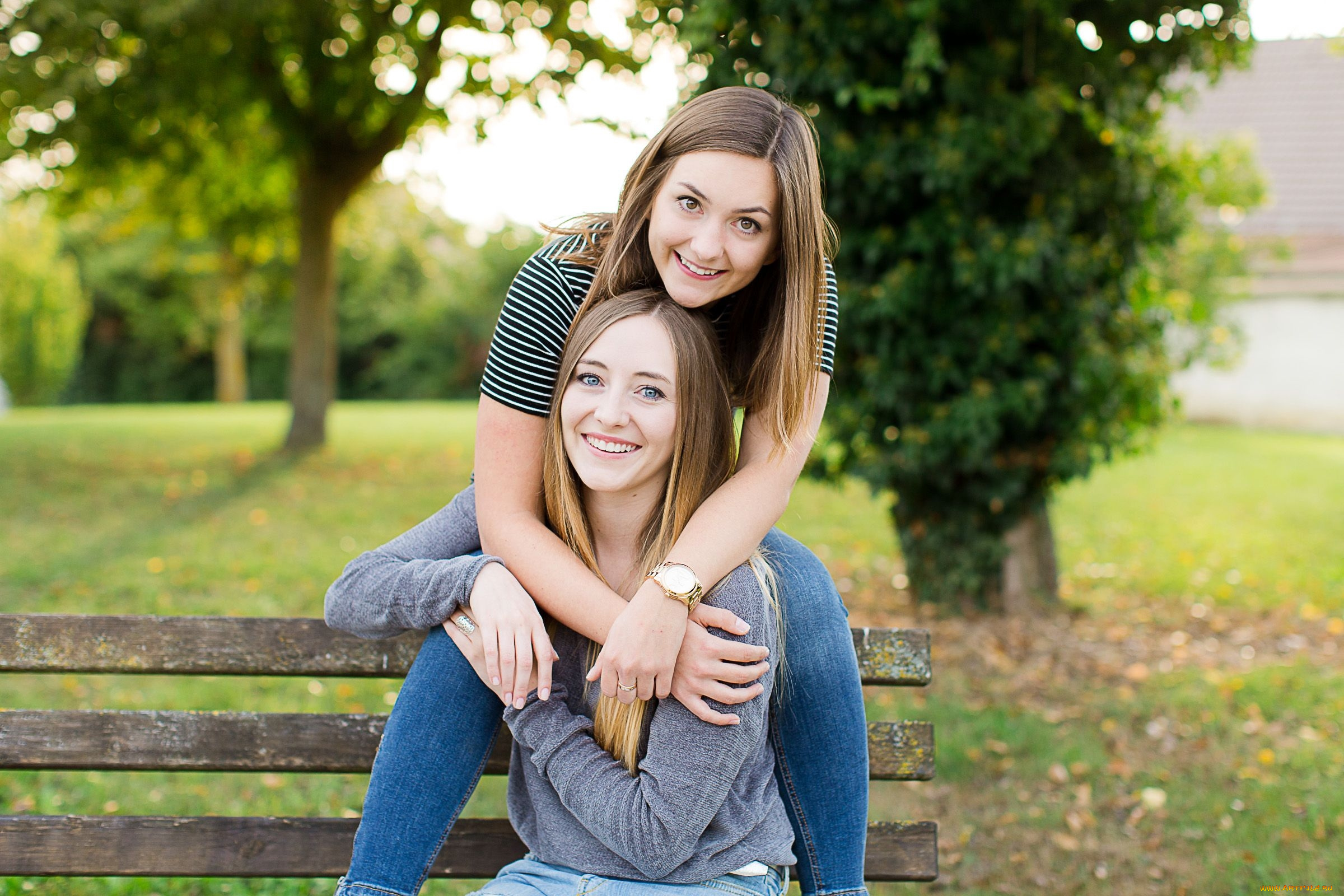 девушки, -, группа, девушек, сёстры, парк, улыбки