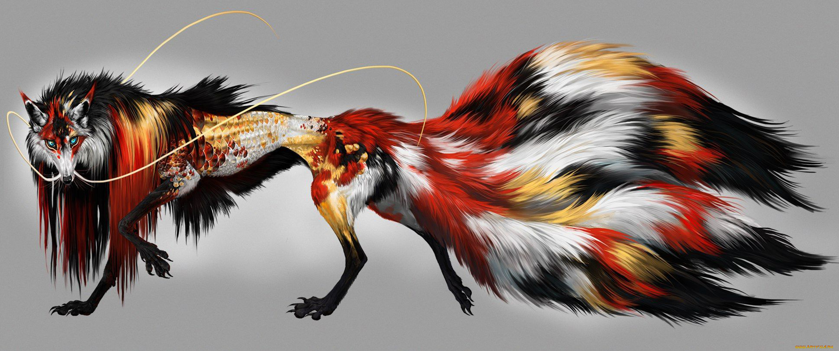 кицунэ, фэнтези, существа, существо, лисица, девятихвостая, мифическое, сказка, вымысел, животное, хищница, мех, хвост