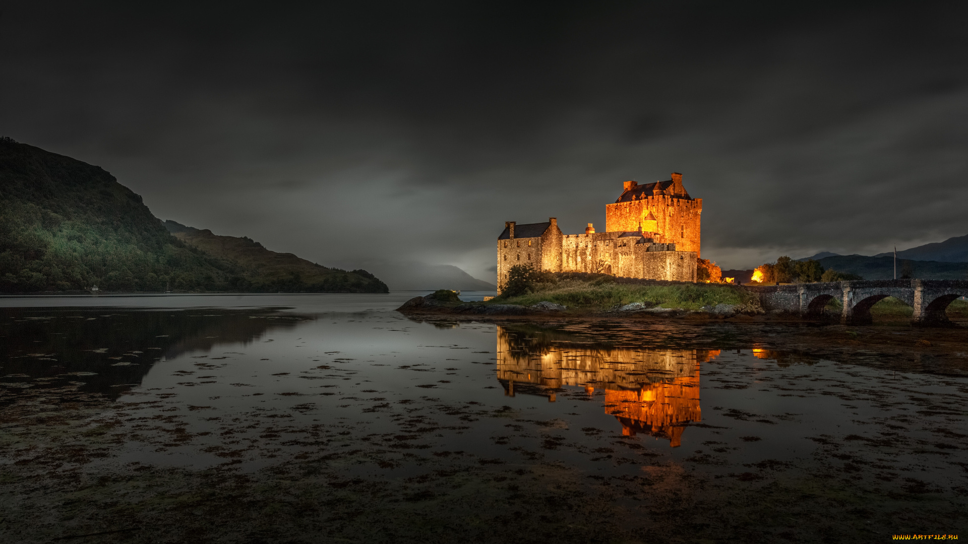 замок, эйлен-донан, города, -, дворцы, , замки, , крепости, замок, крепость, подсветка, остров, залив, берег