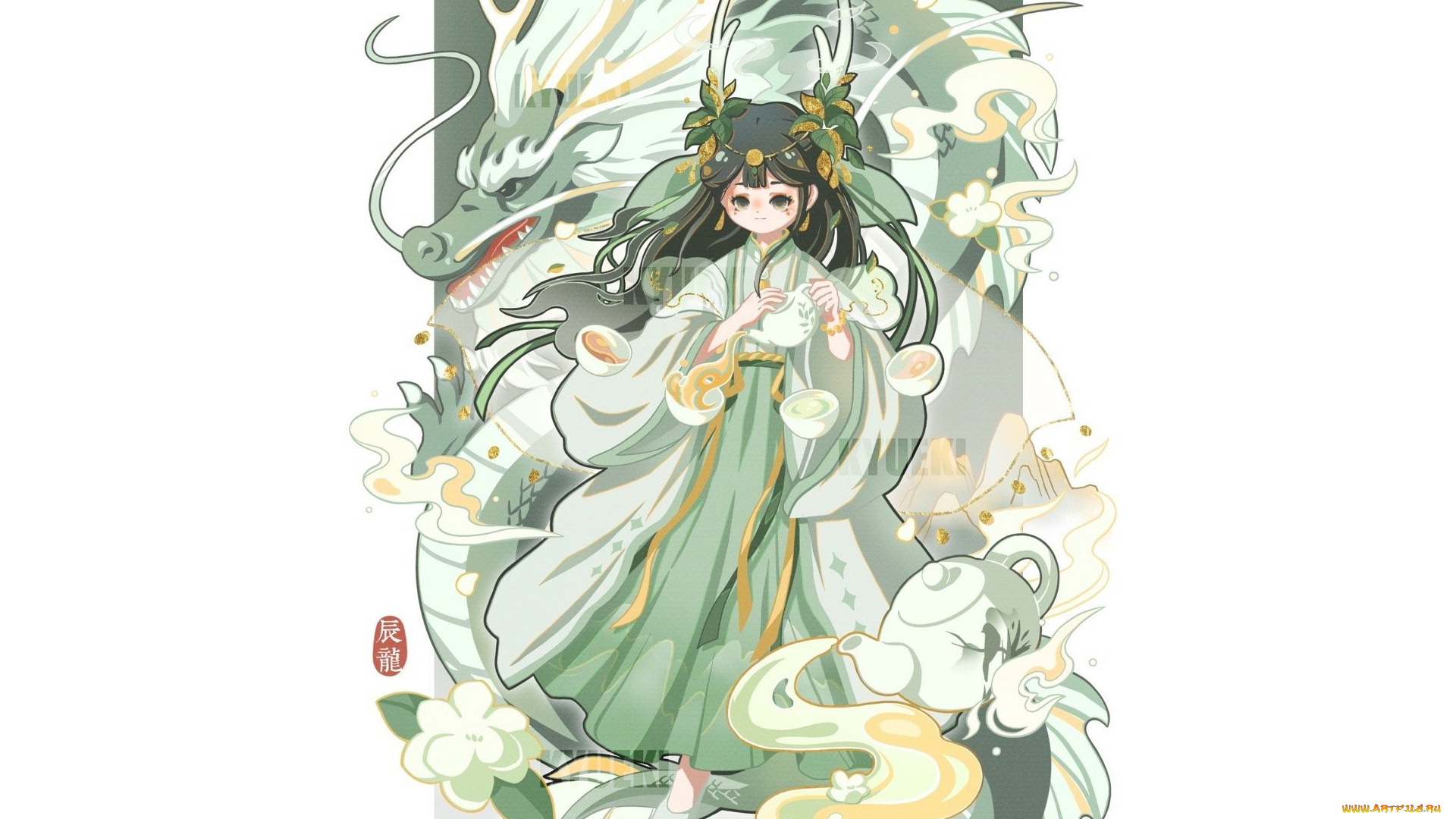 аниме, животные, , существа, девочка, дракон, чайник