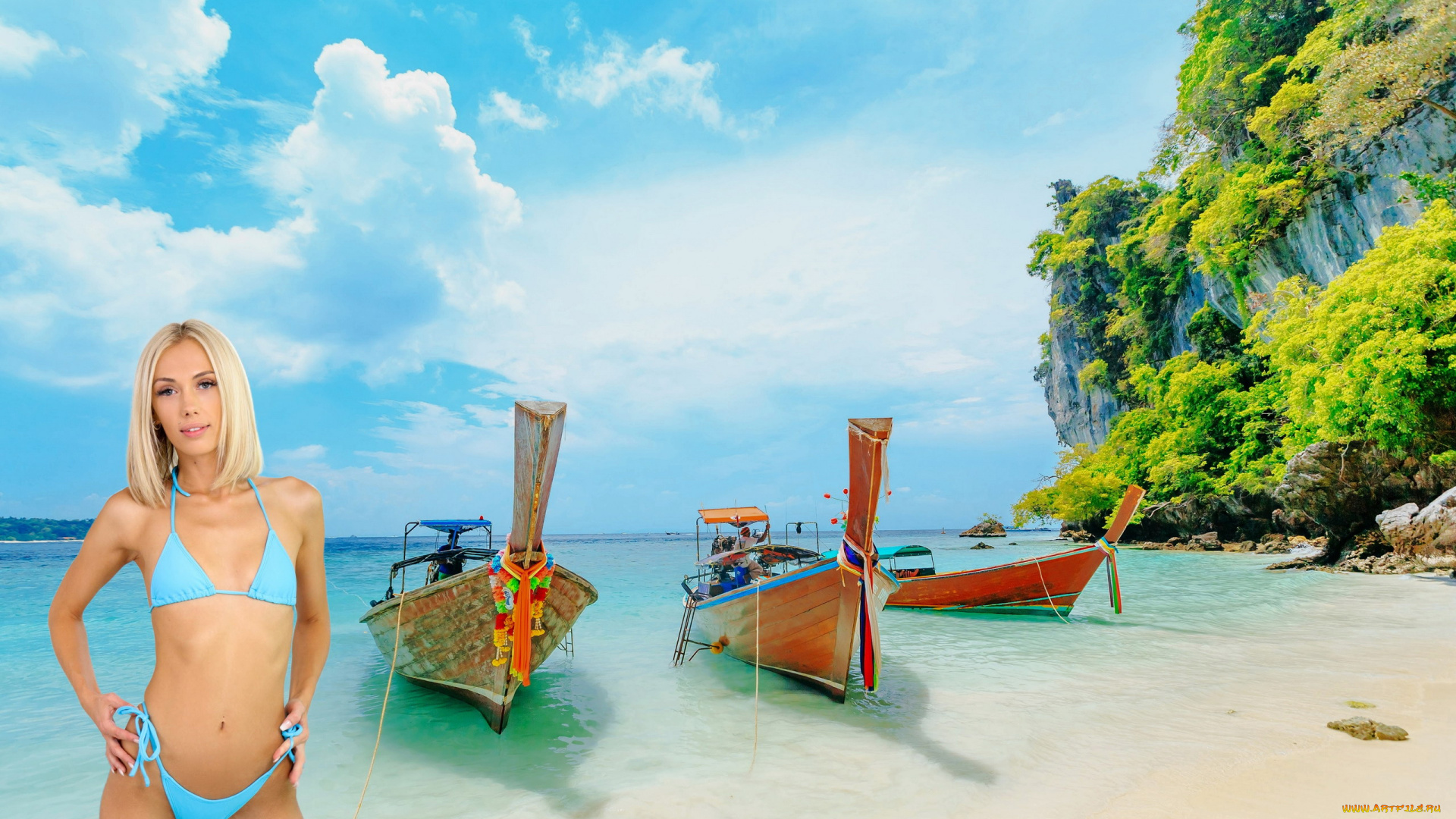 девушки, sky, pierce, море, блондинка, лодки, бикини