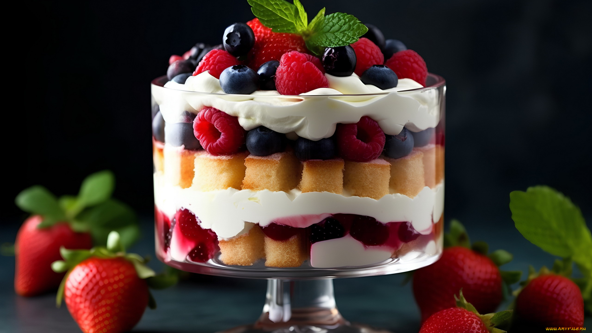 еда, мороженое, , десерты, бисквит, десерт, взбитые, сливки, ягоды, малина, клубника, мята