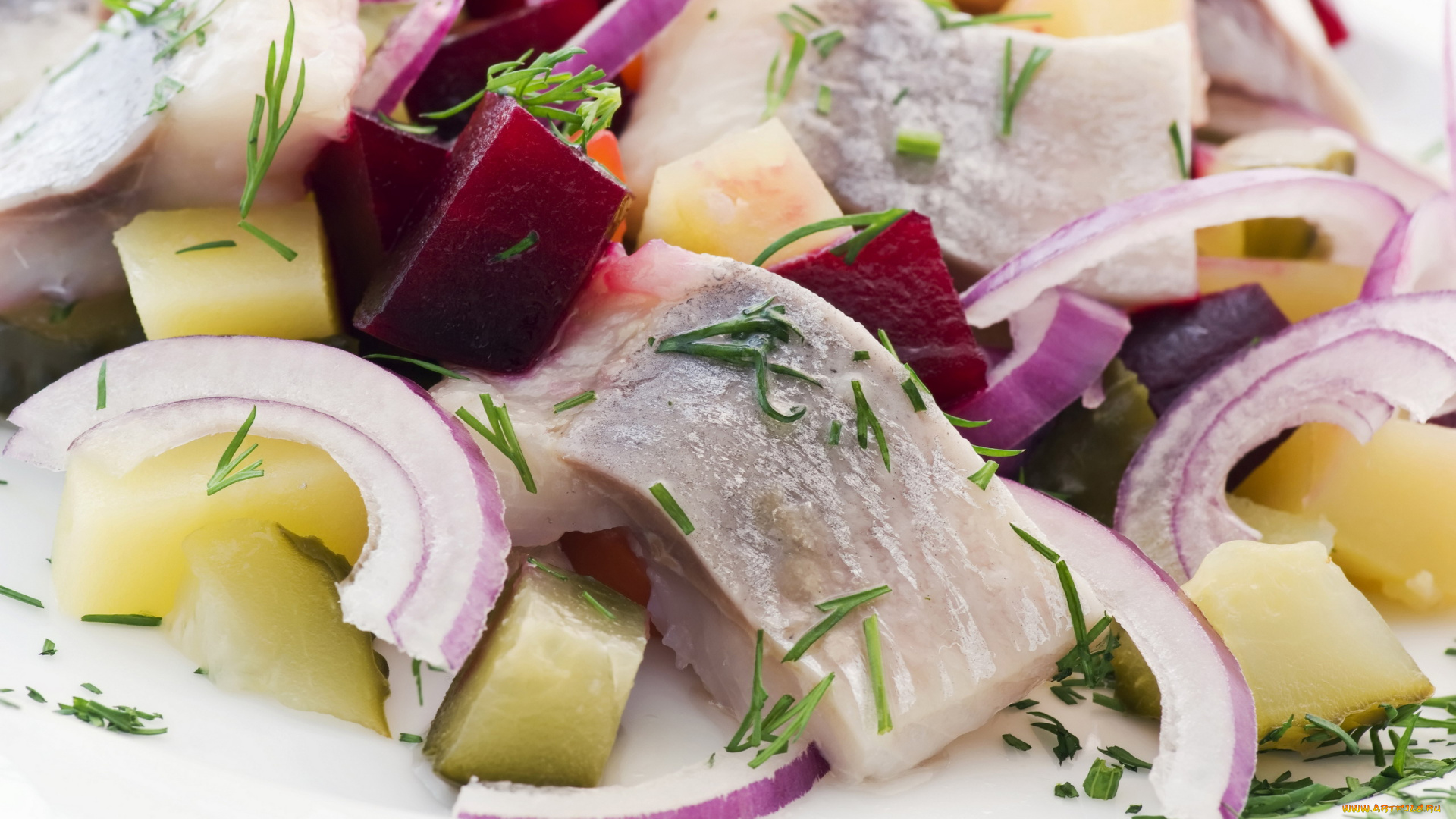 еда, рыбные, блюда, , с, морепродуктами, селедка, лук, свекла