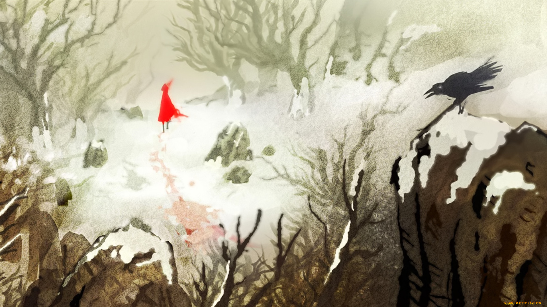 видео, игры, akaneiro, , demon, hunters, ворона, девушка, скалы, лес, снег