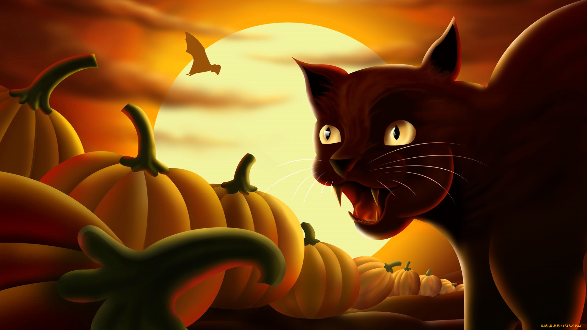 рисованное, праздники, хэллоуин, кот, тыквы, луна, летучая, мышь