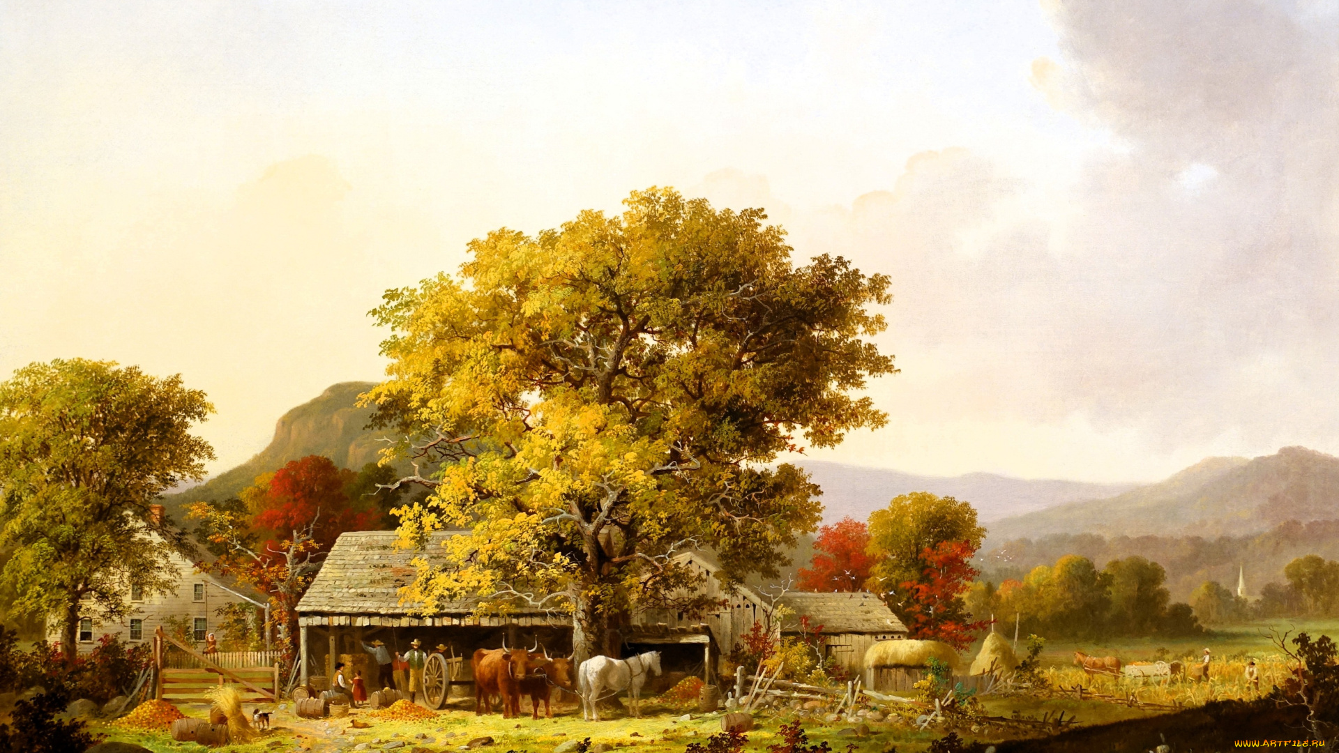 autumn, in, new, england, , cider, making, , george, henry, durrie, рисованное, george, henry, durrie, осень, деревья, деревня, волы, лошадь, поля