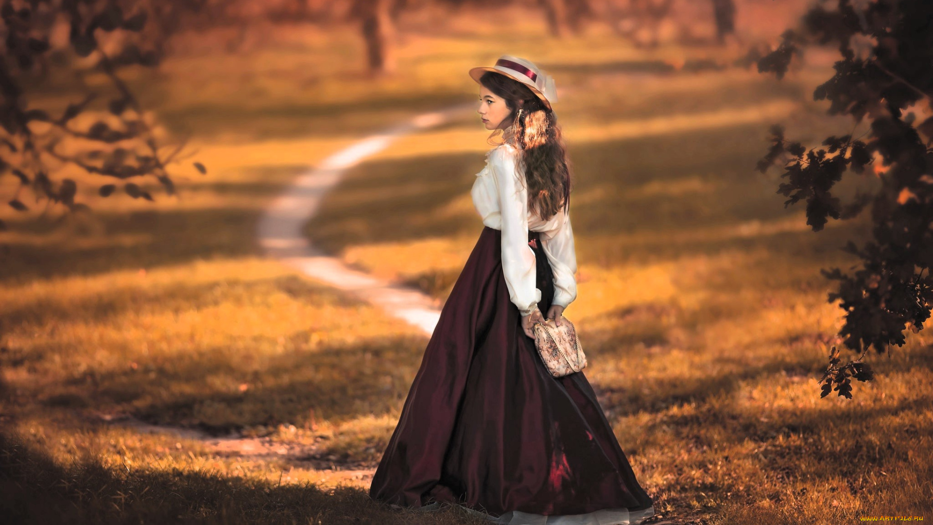 девушки, -, креатив, , косплей, образ, косплей, наряд, костюм, барышня, шляпа, осень, сумна, дорожка, трава, деревья