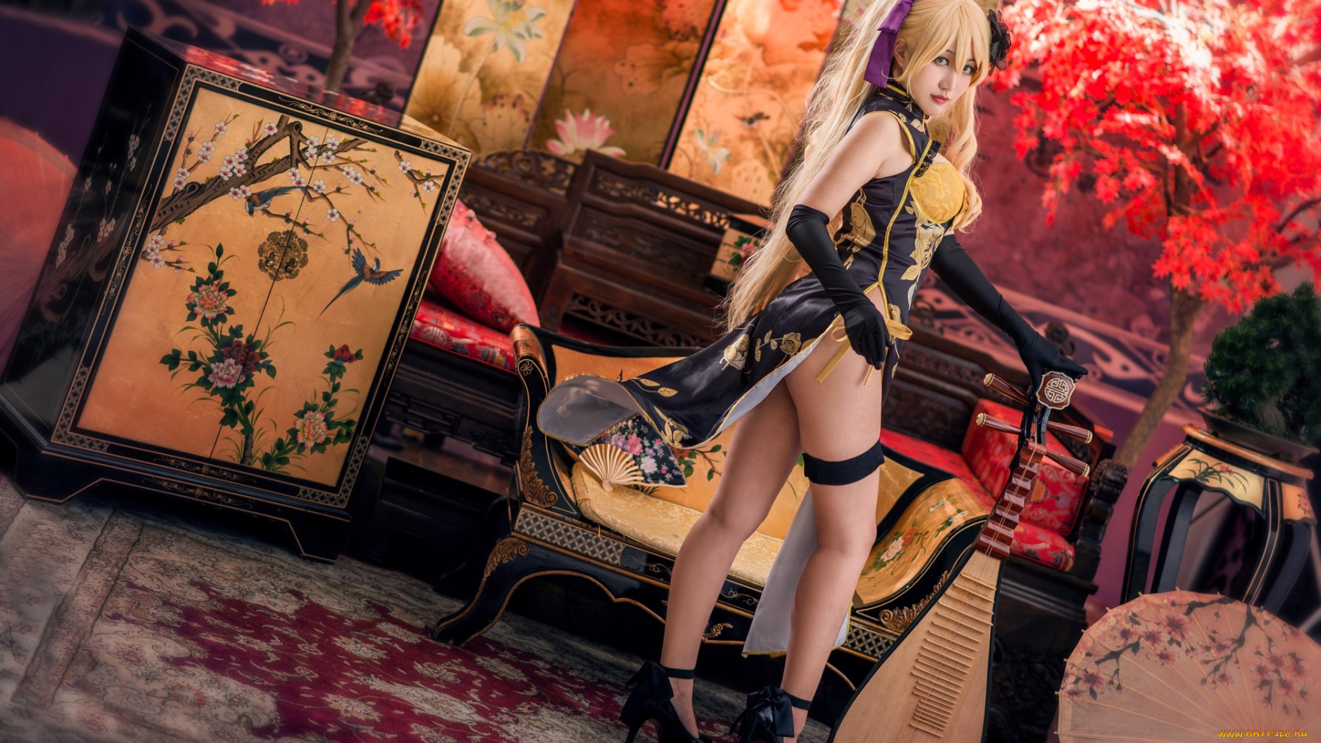 девушки, -, креатив, , косплей, образ, костюм, наряд, косплей, музыкальный, инструмент, тумбочка, диваны, подушки, зонт, дерево