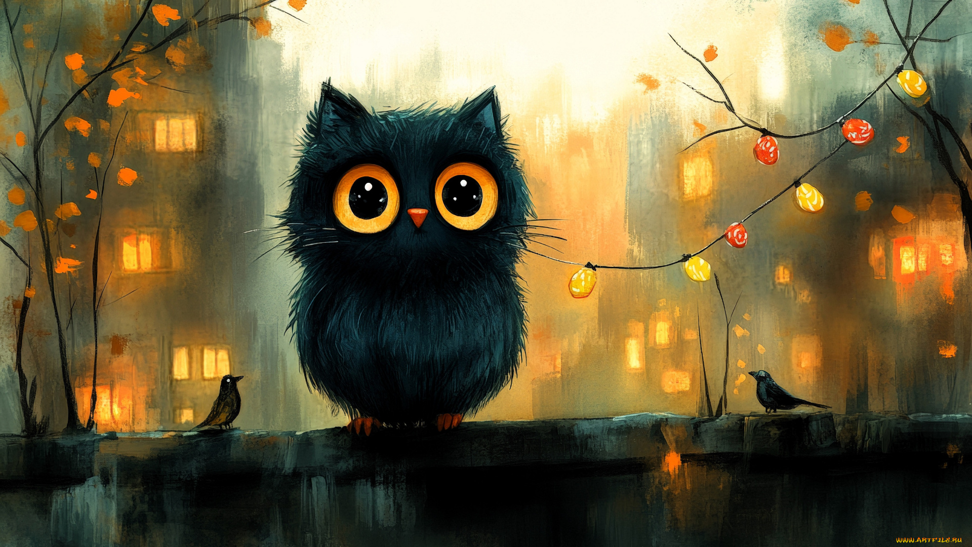 фэнтези, существа, существо, птицы, забор, дома, двор, деревья, осень, гирлянда