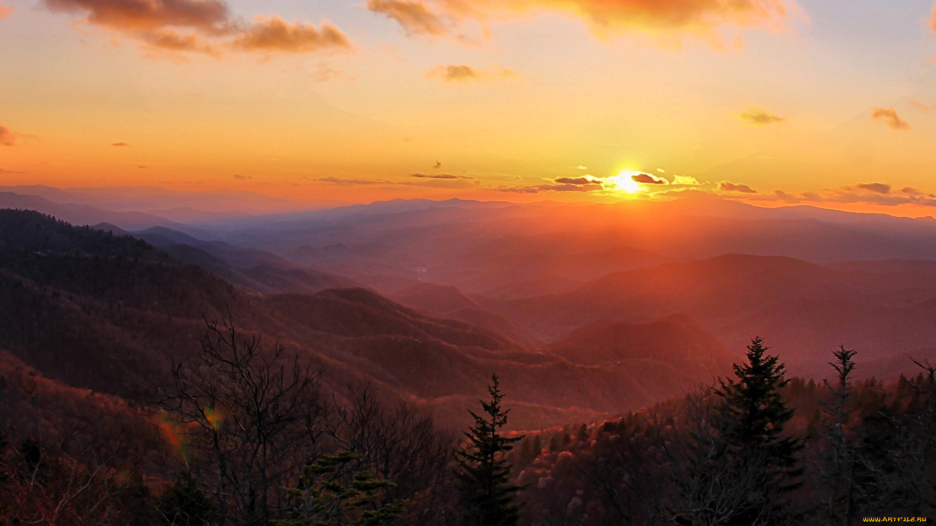 природа, горы, лес, деревья, солнце, облака, закат