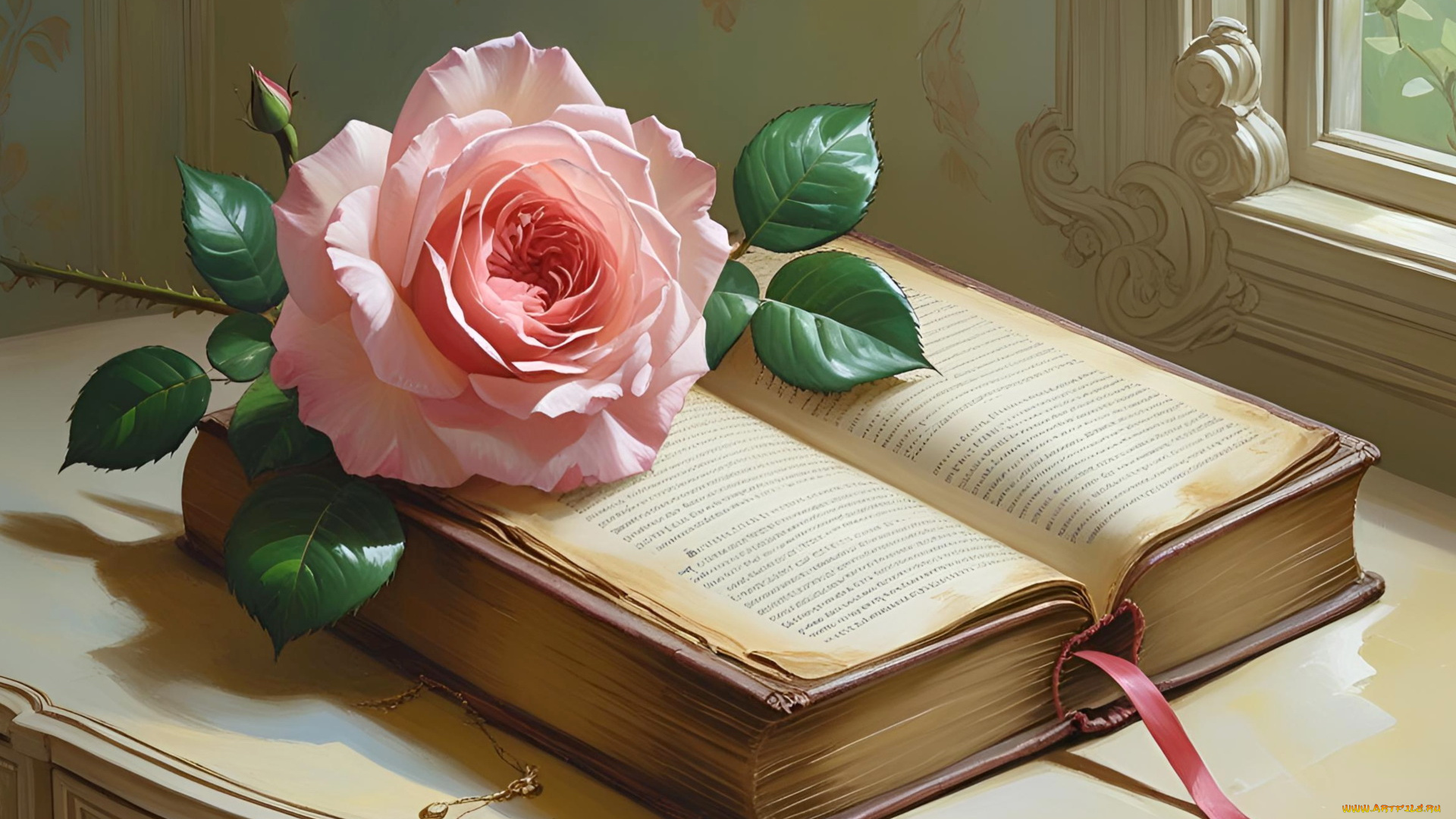 рисованное, цветы, книга, розовая, роза