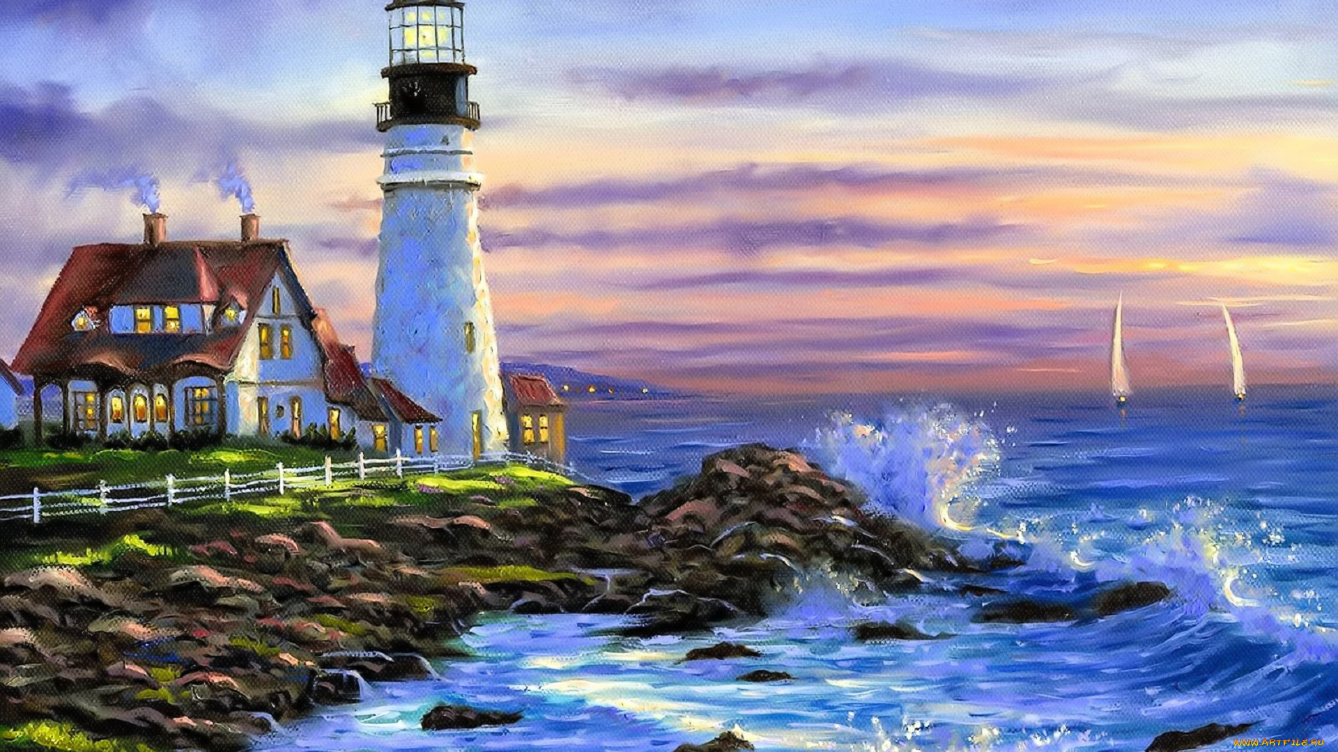 рисованное, robert, finale, маяк, дома, берег, забор, море