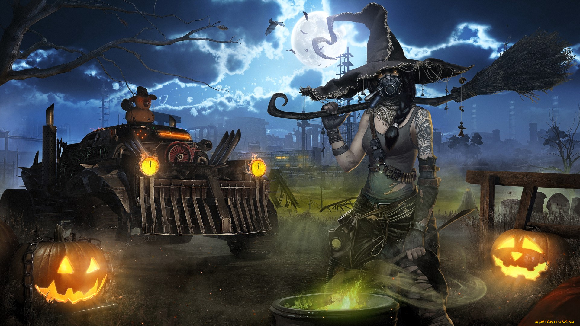 видео, игры, crossout, техника, завод, ночь, тыквы, ведьма, котел, метла, противогаз