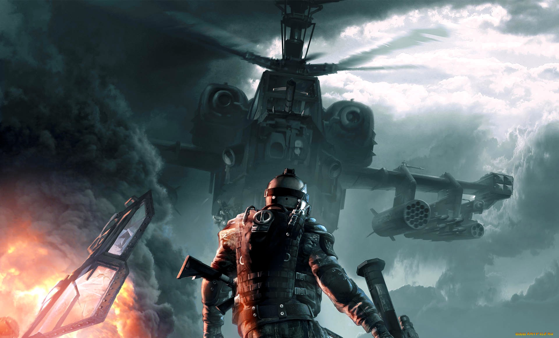видео, игры, warface, солдат, броня, оружие, вертолет, тучи, дым