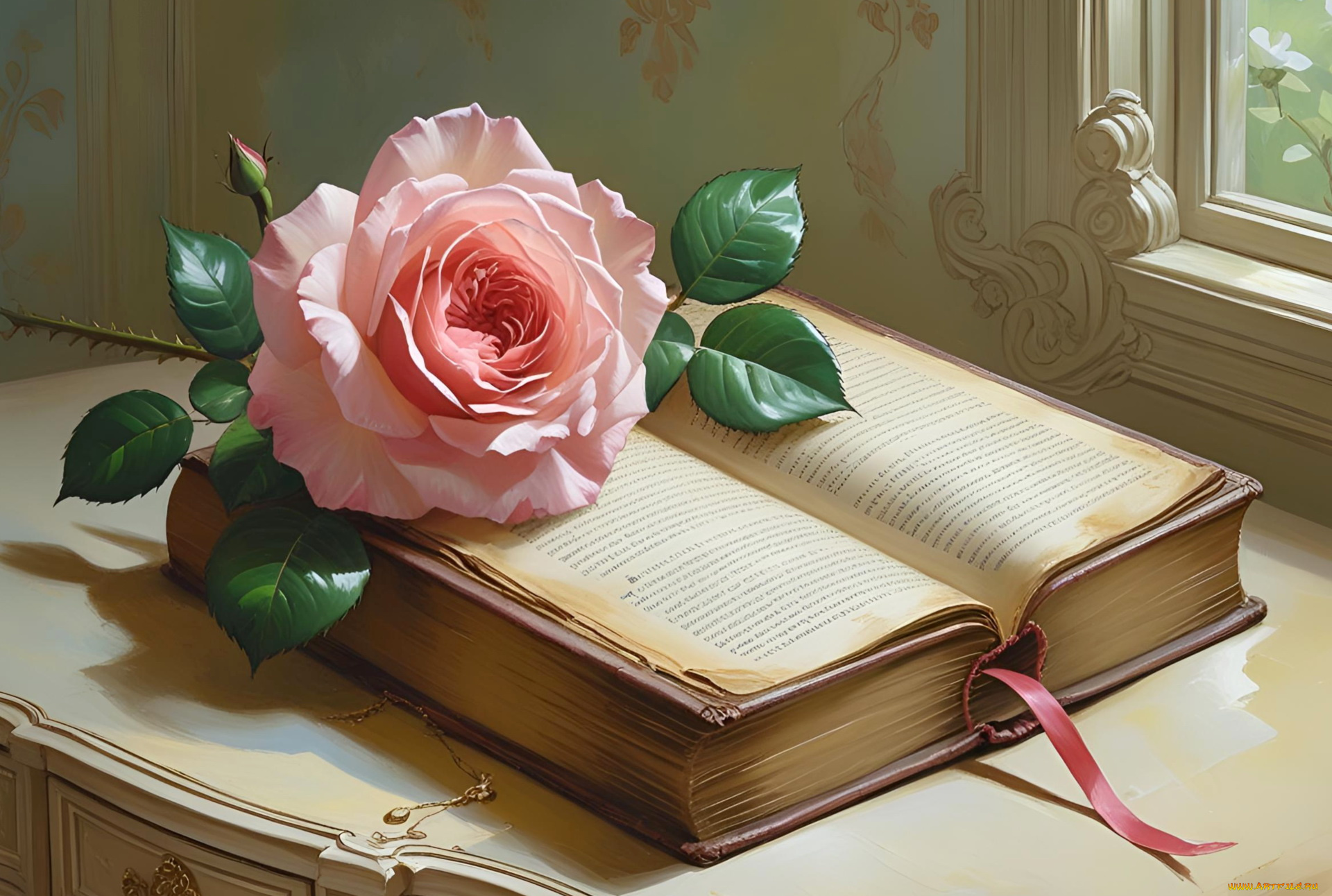 рисованное, цветы, книга, розовая, роза