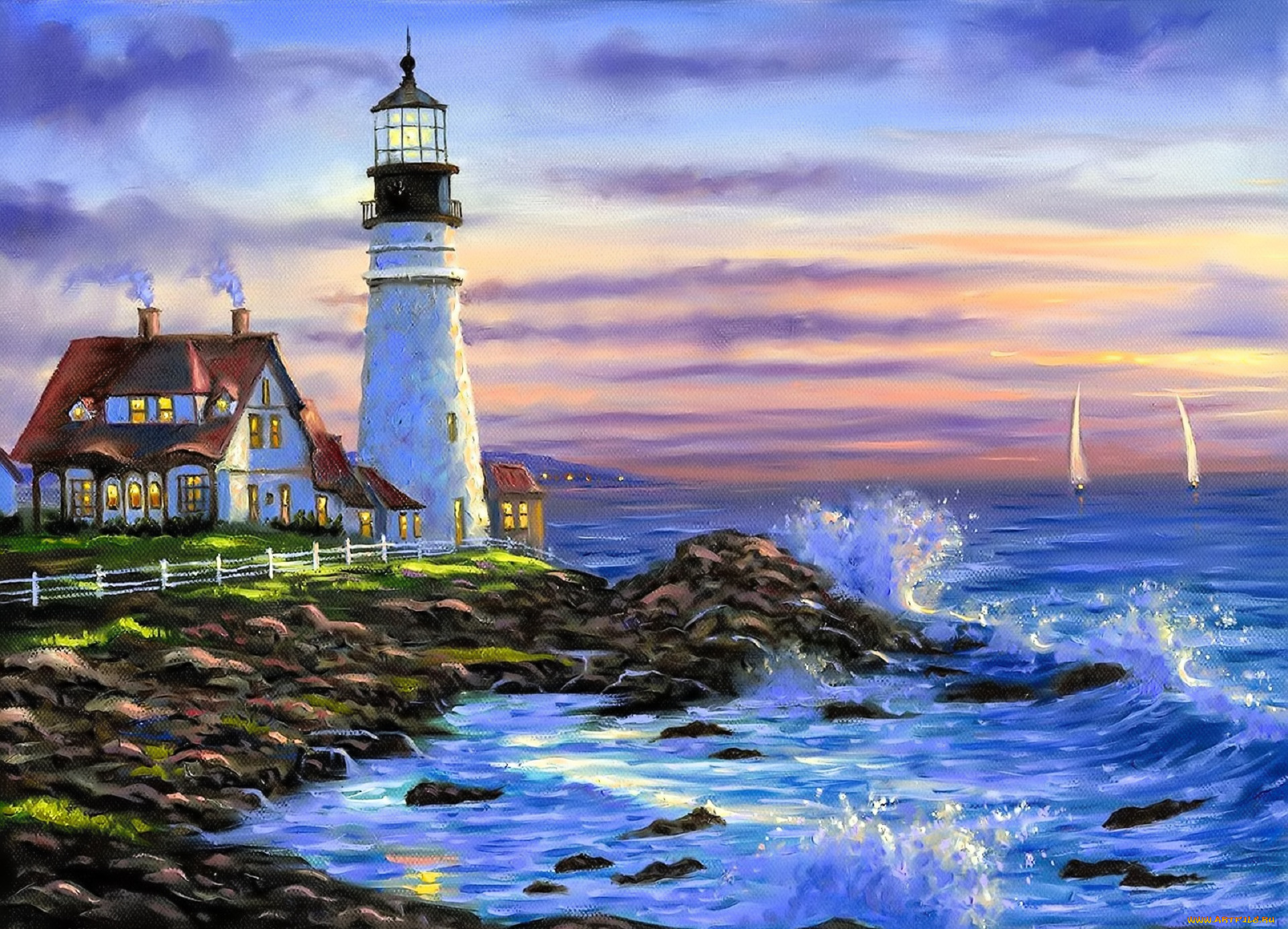 рисованное, robert, finale, маяк, дома, берег, забор, море