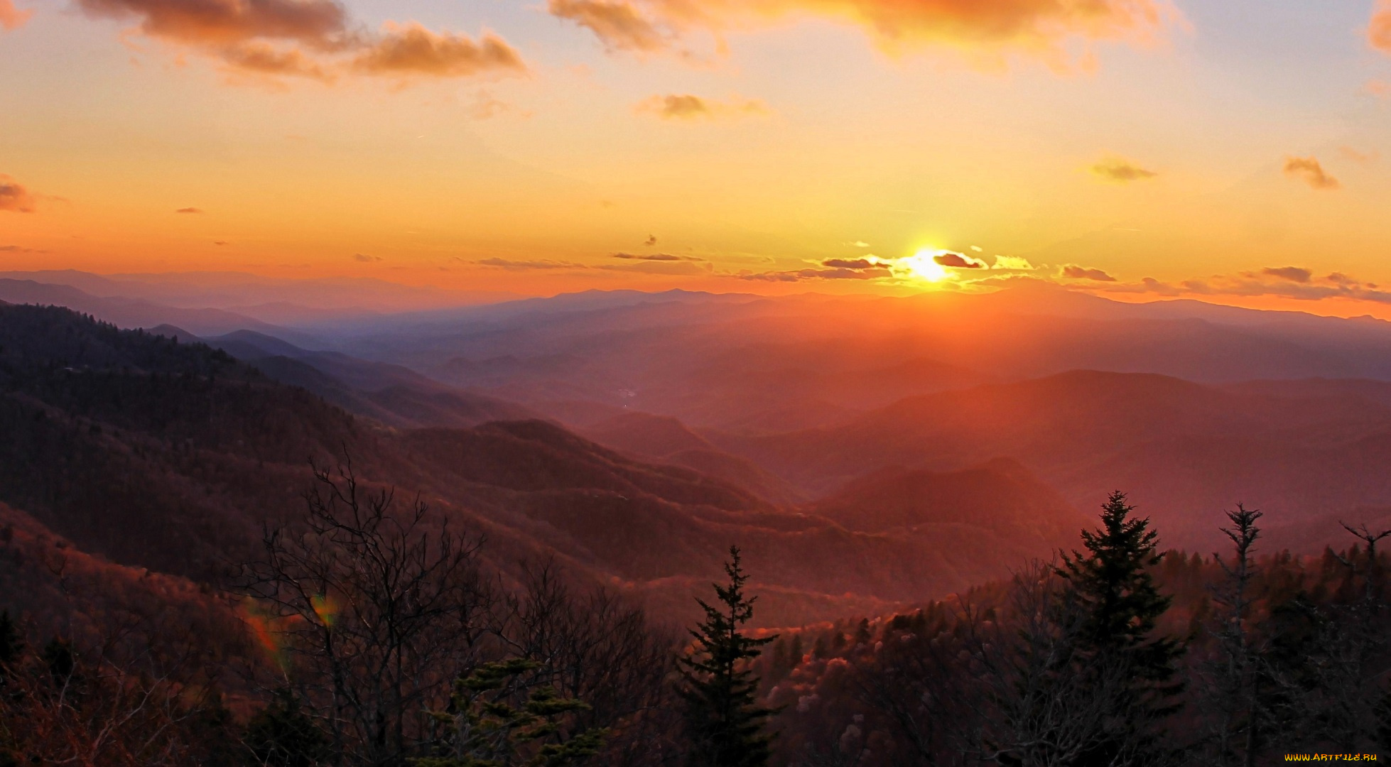 природа, горы, лес, деревья, солнце, облака, закат