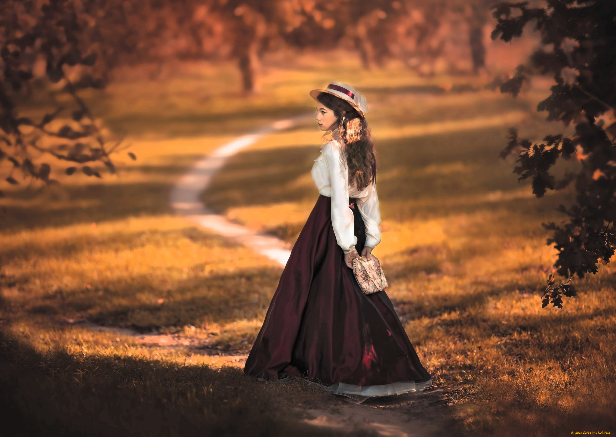 девушки, -, креатив, , косплей, образ, косплей, наряд, костюм, барышня, шляпа, осень, сумна, дорожка, трава, деревья