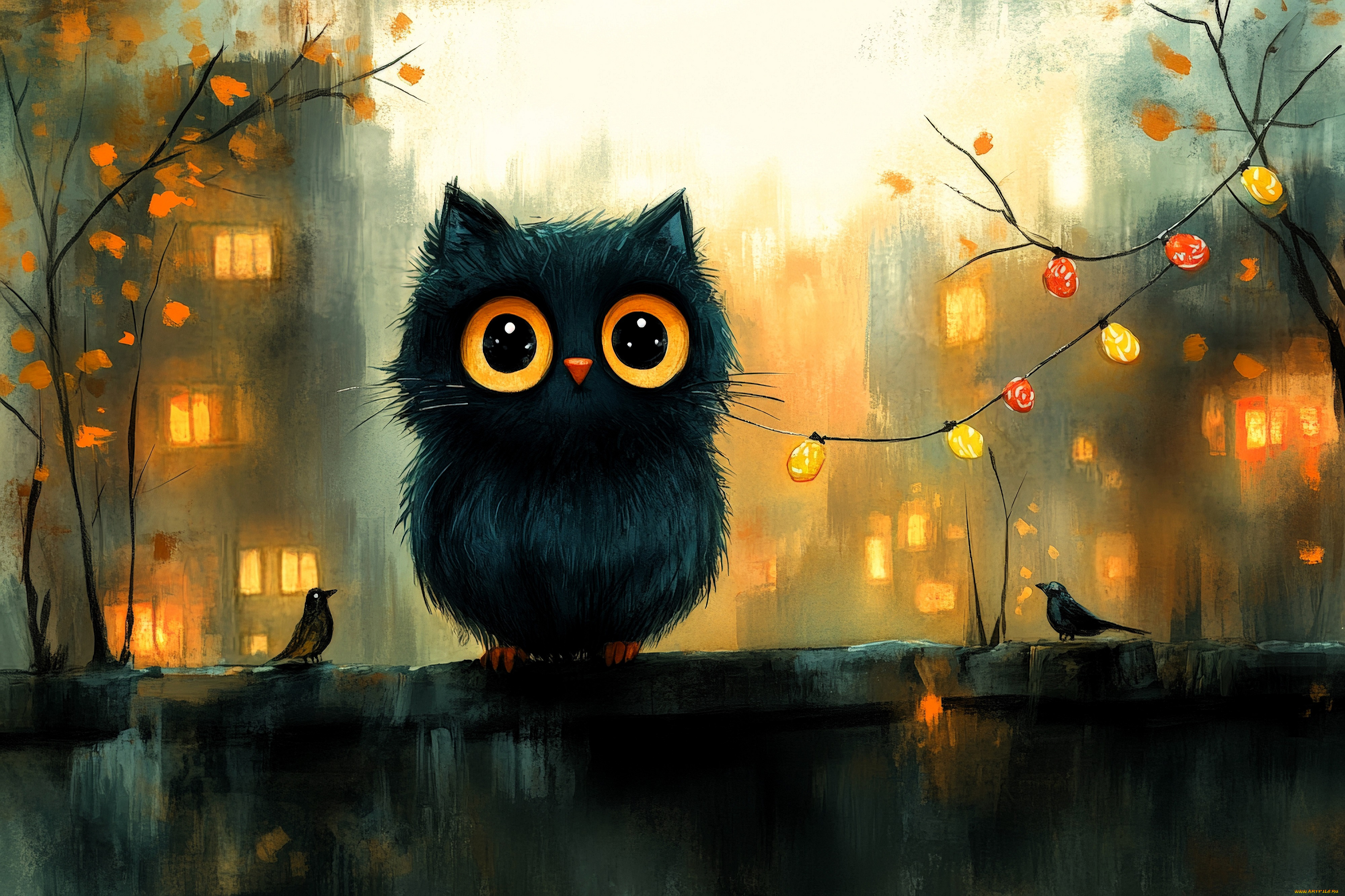 фэнтези, существа, существо, птицы, забор, дома, двор, деревья, осень, гирлянда