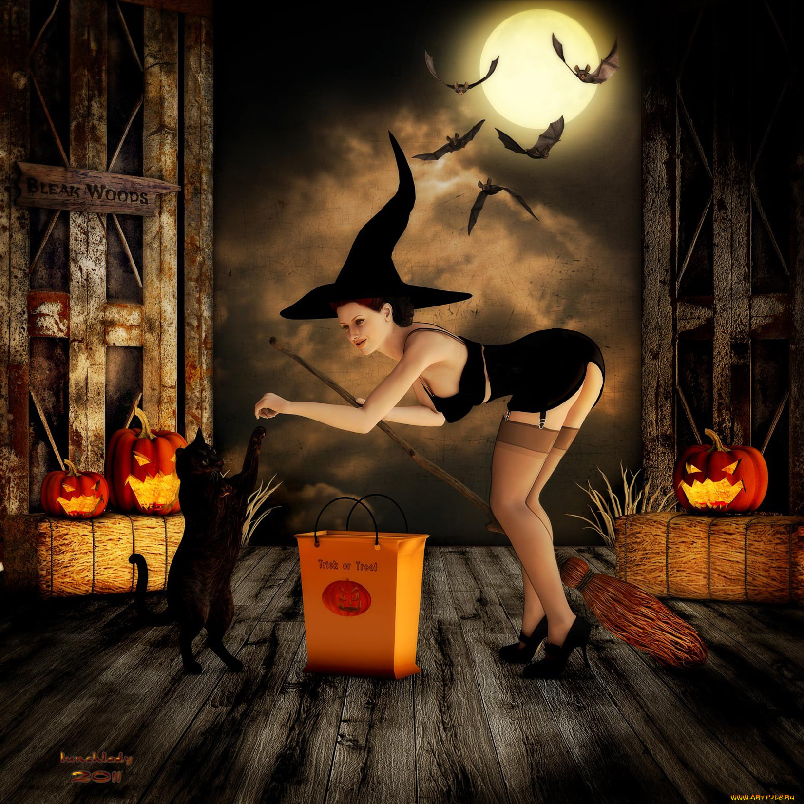 3д, графика, religion, религия, магия, тыква, кот, девушка, птицы, луна