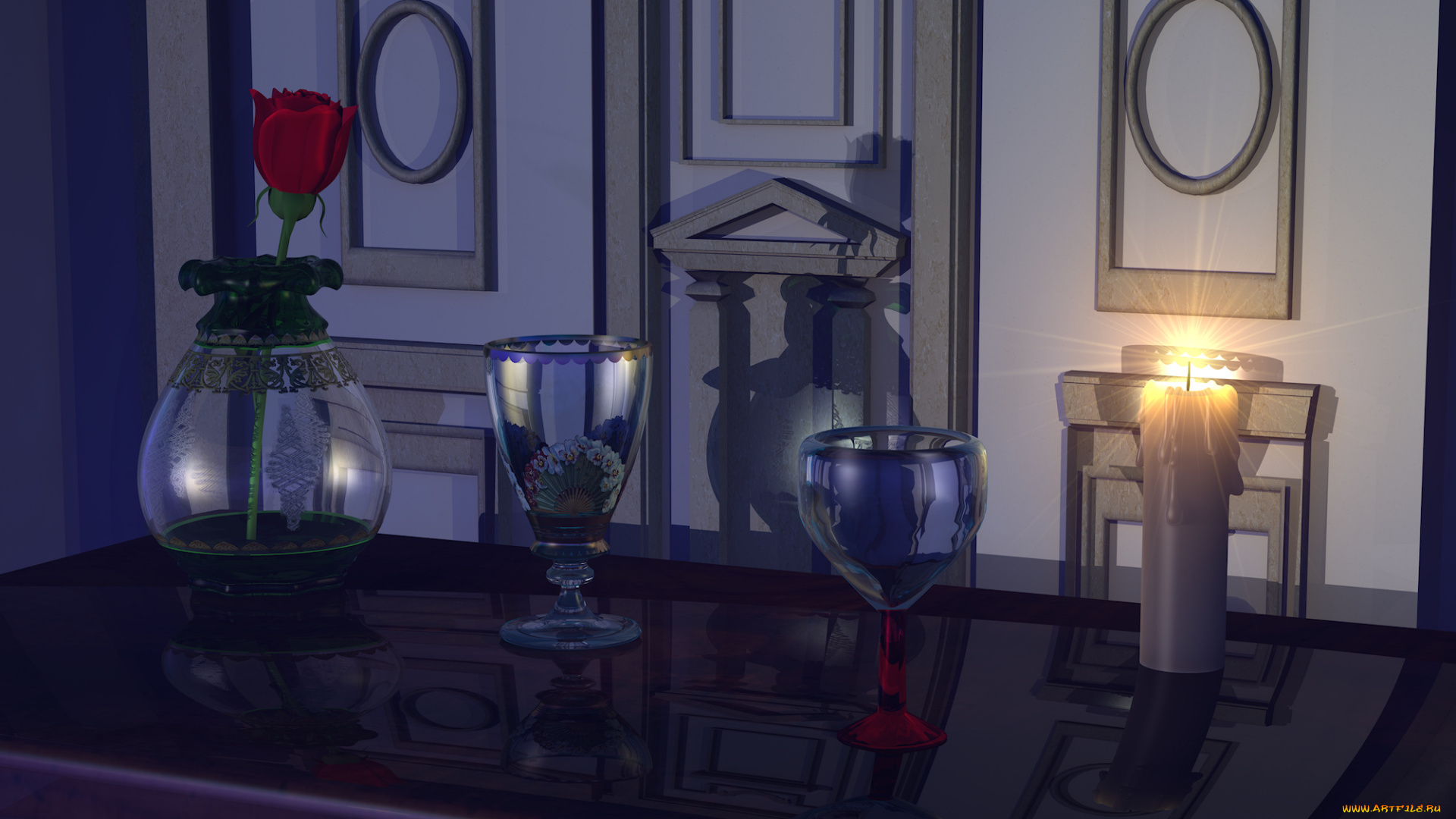 3д, графика, realism, реализм, бокалы, стол, цветок, ваза