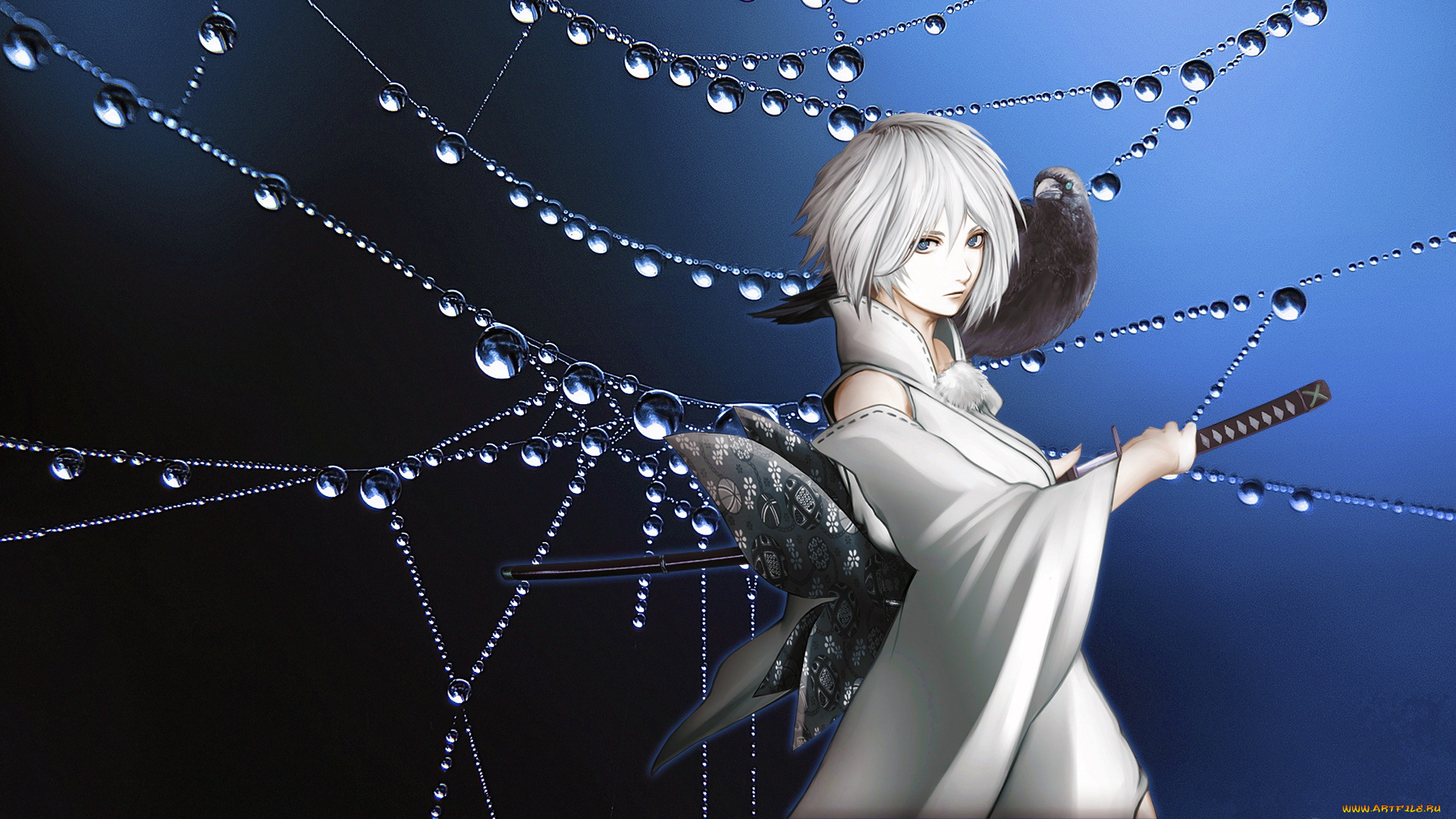 аниме, touhou, девушка, паутина, капли
