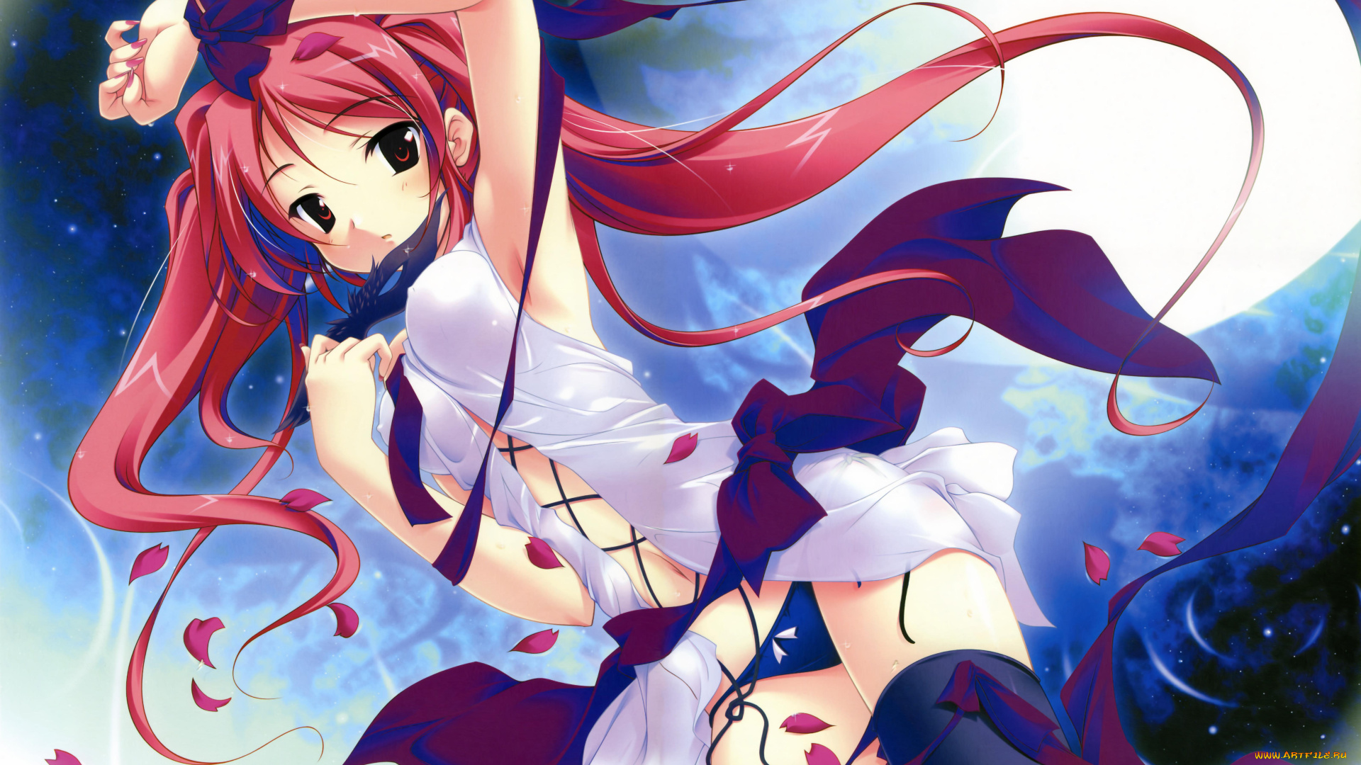 аниме, *unknown, другое, девушка, наряд, маска, бантики, луна, небо, лепестки, взгляд