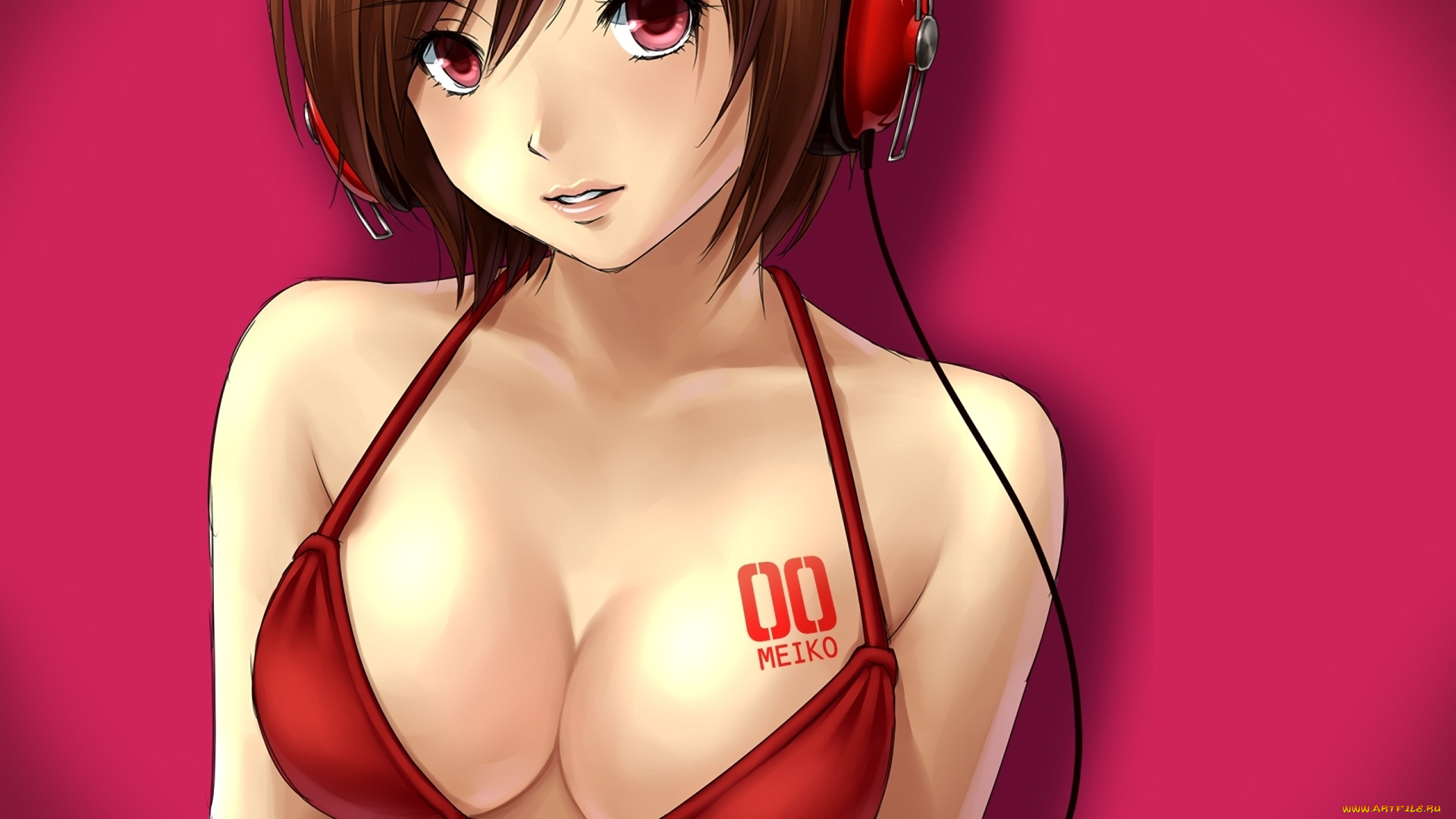 аниме, vocaloid, купальник, наушники, розовый, фон, meiko, рисунок, девушка