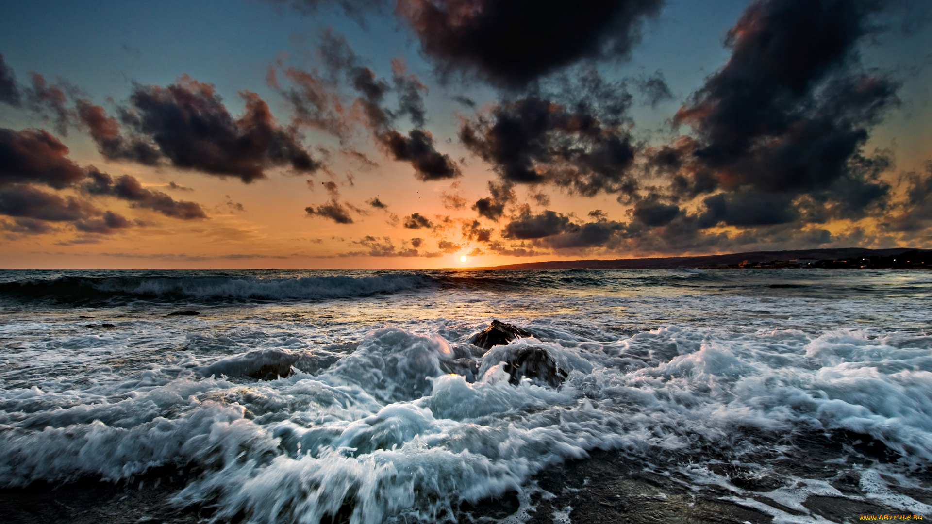 природа, моря, океаны, море, волны, прибой, закат, облака