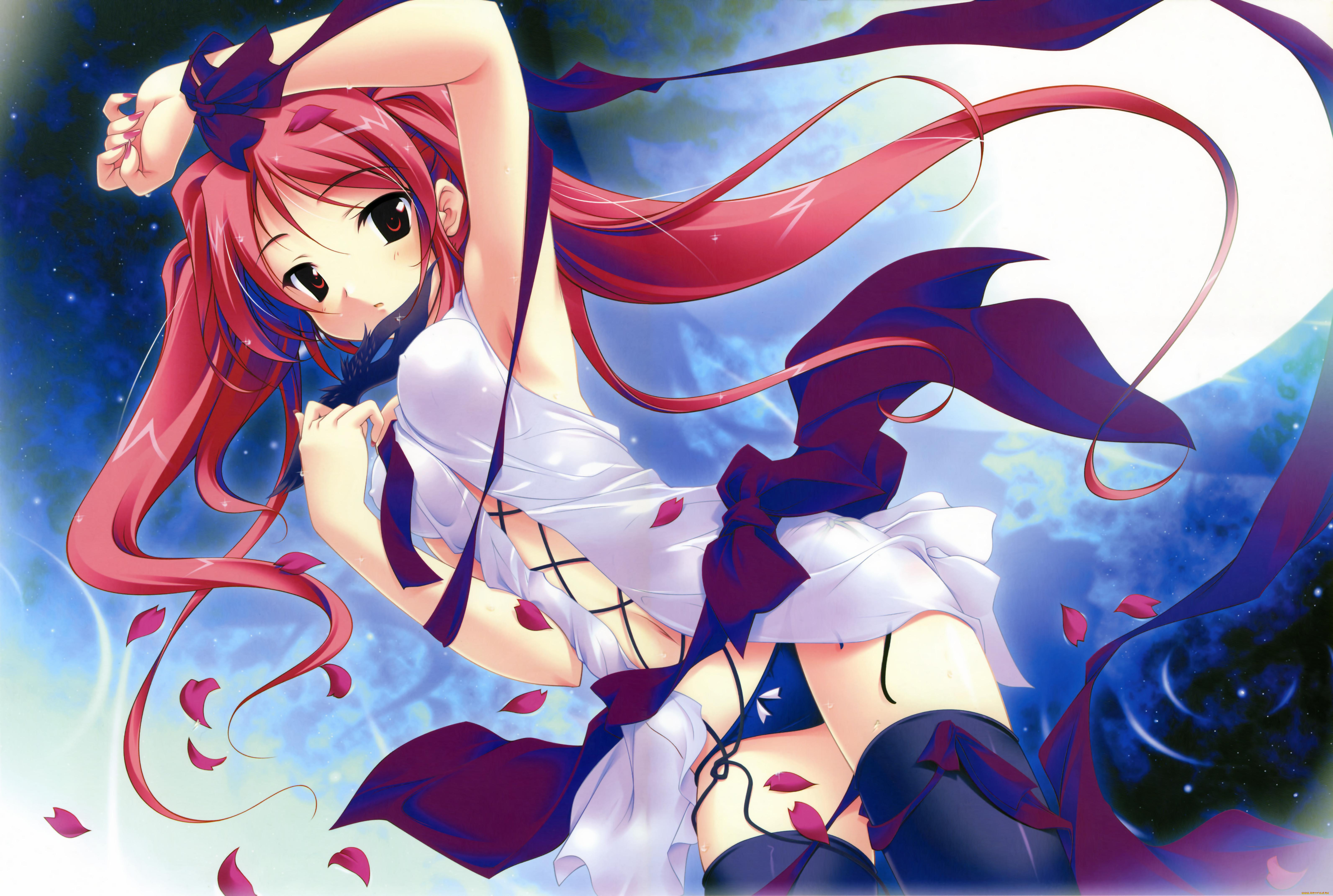 аниме, *unknown, другое, девушка, наряд, маска, бантики, луна, небо, лепестки, взгляд