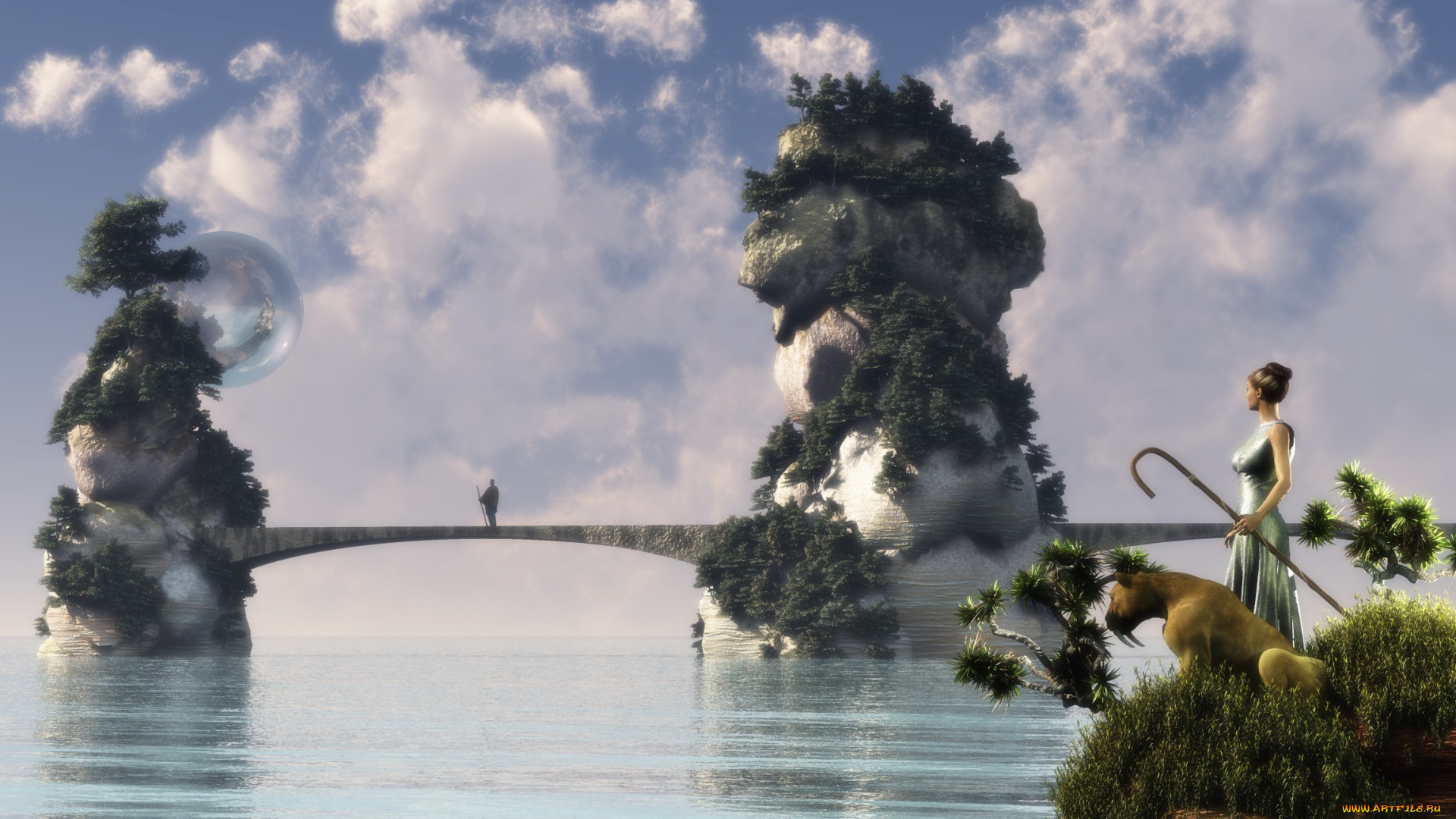 3д, графика, fantasy, фантазия, животное, мост, девушка, небо, человек, вода