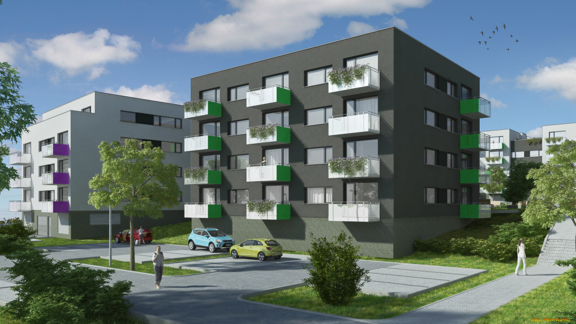 3д, графика, realism, реализм, деревья, улица, дома