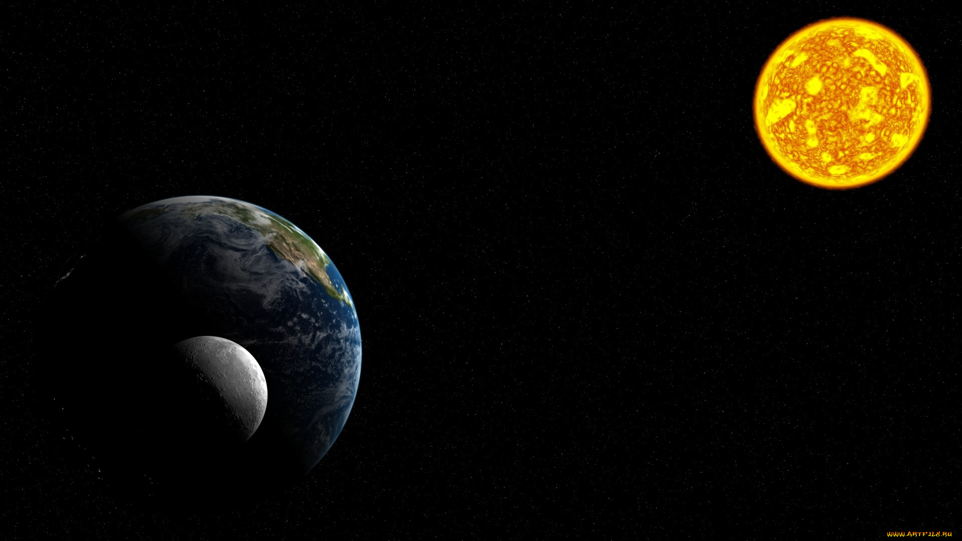 космос, арт, звезды, солнце, луна, земля