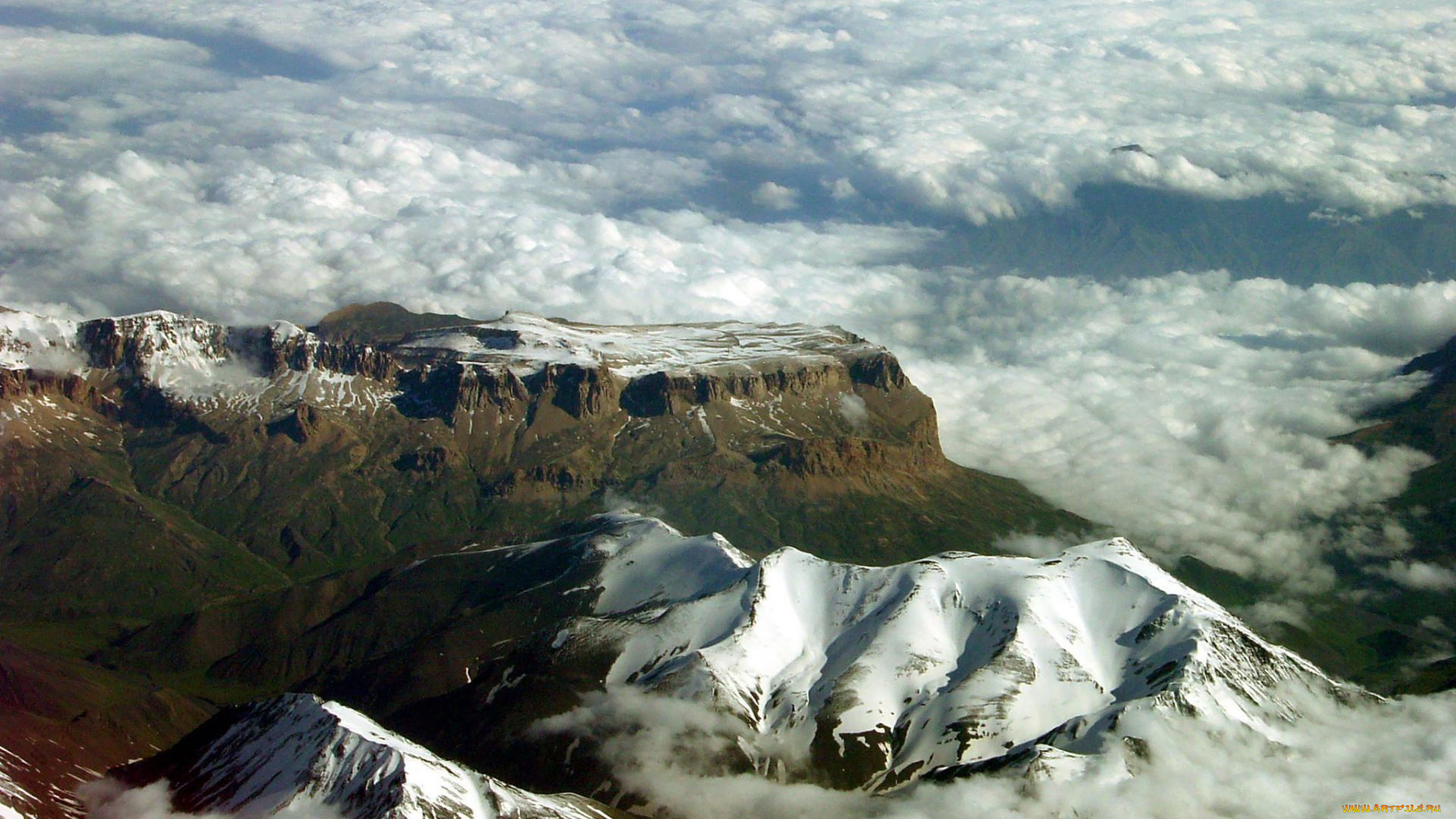 природа, горы, плато, снега, облака