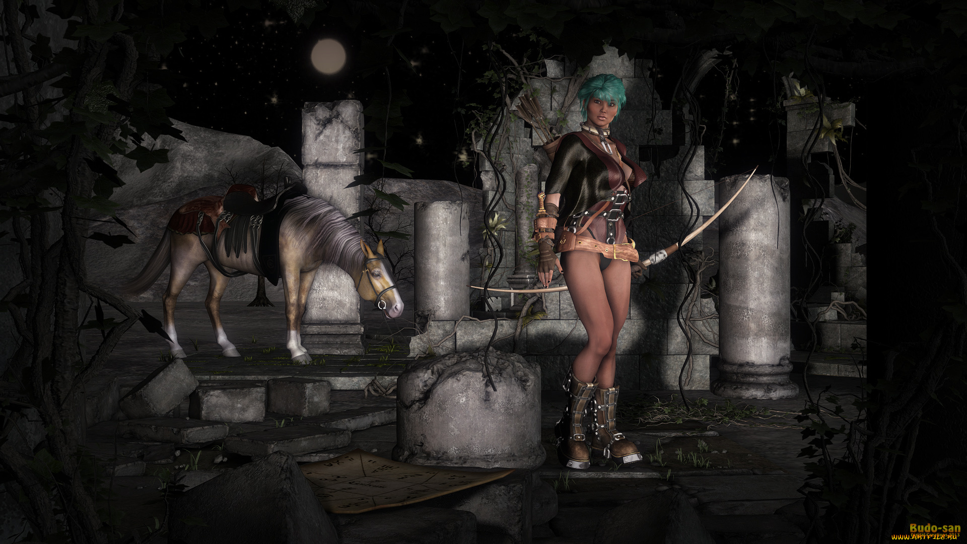 3д, графика, amazon, , амазонки, лошадь, лук, девушка