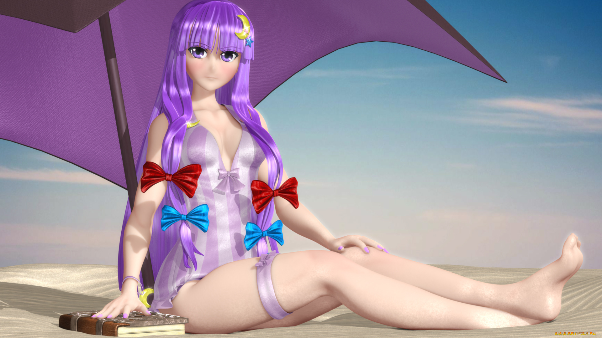 3д, графика, anime, , аниме, зонтик, книга, девушка