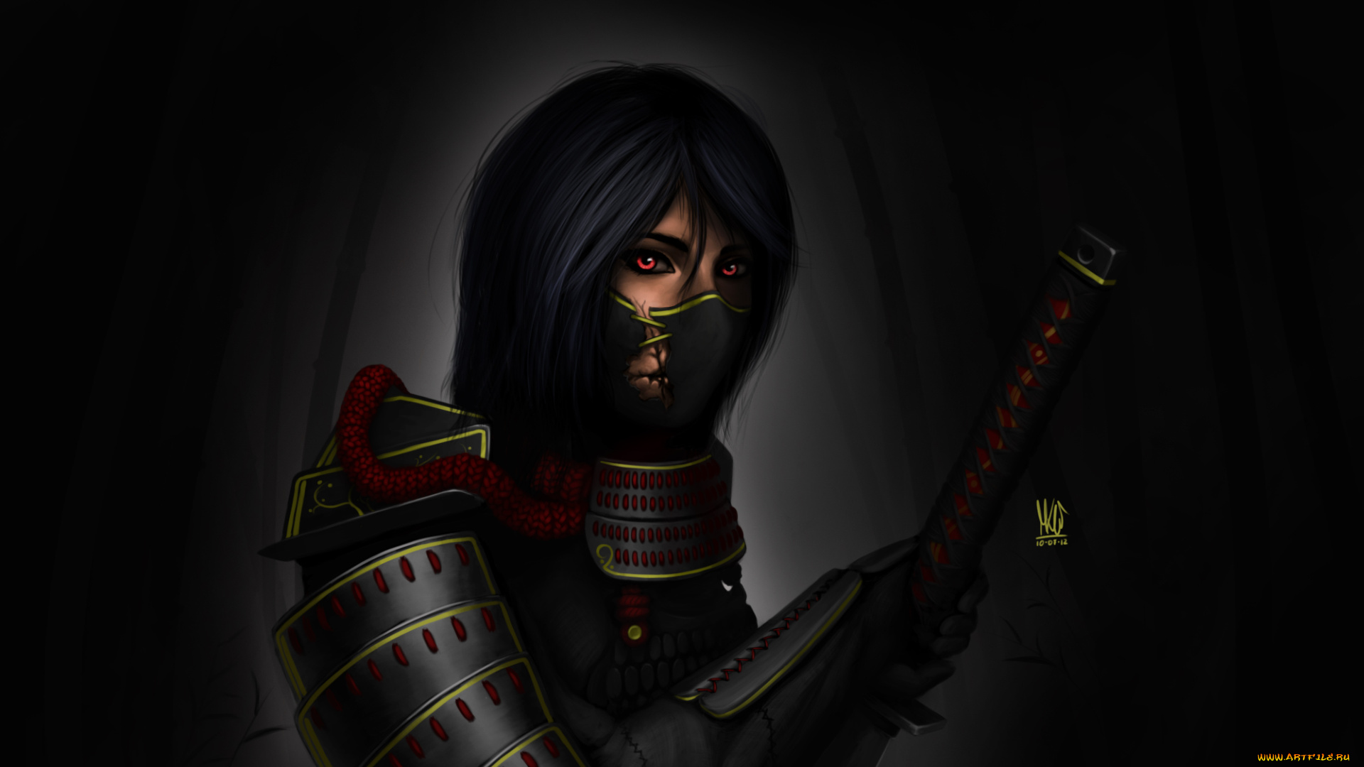 фэнтези, девушки, броня, самурай, девушка, темный, фон, повязка, меч, катана