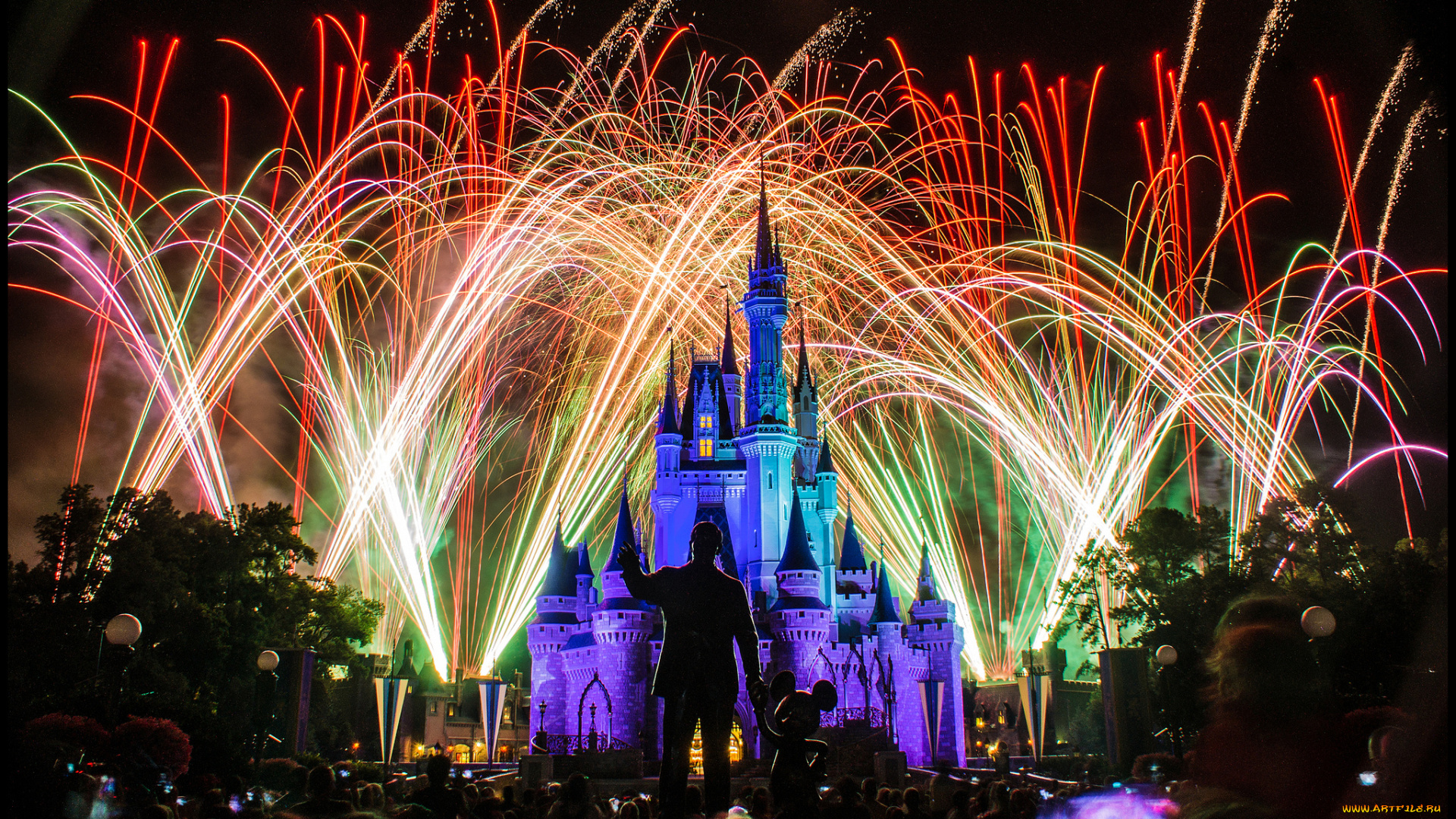 города, диснейленд, фейерверк, силуэты