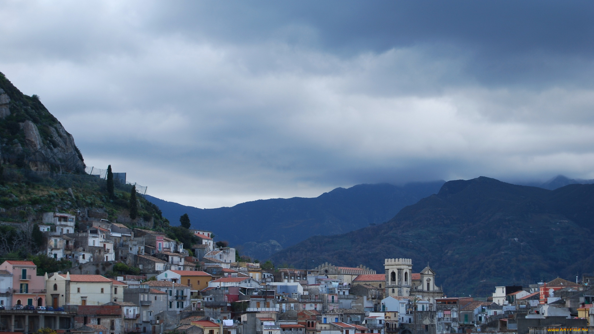 италия, сицилия, монфорте-сан-джорджо, города, -, панорамы, панорама, облака, дома, италия