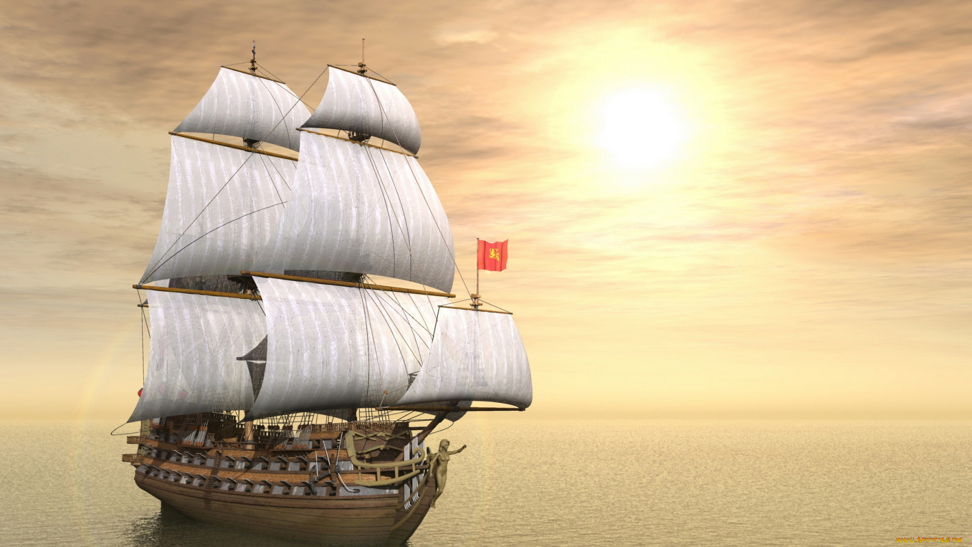 корабли, 3d, океан, корабль, парусник, мачты, паруса, пушки, небо, солнце