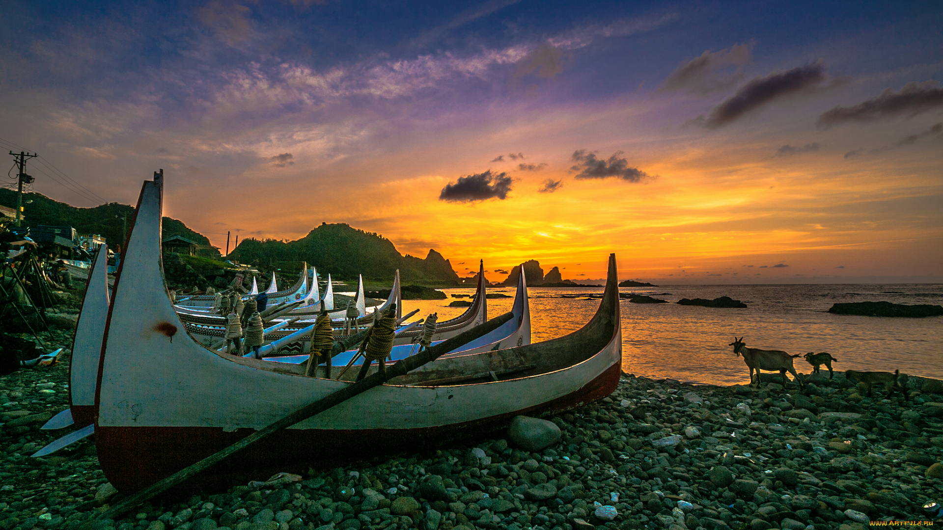 корабли, лодки, , шлюпки, закат, галька, океан, пляж