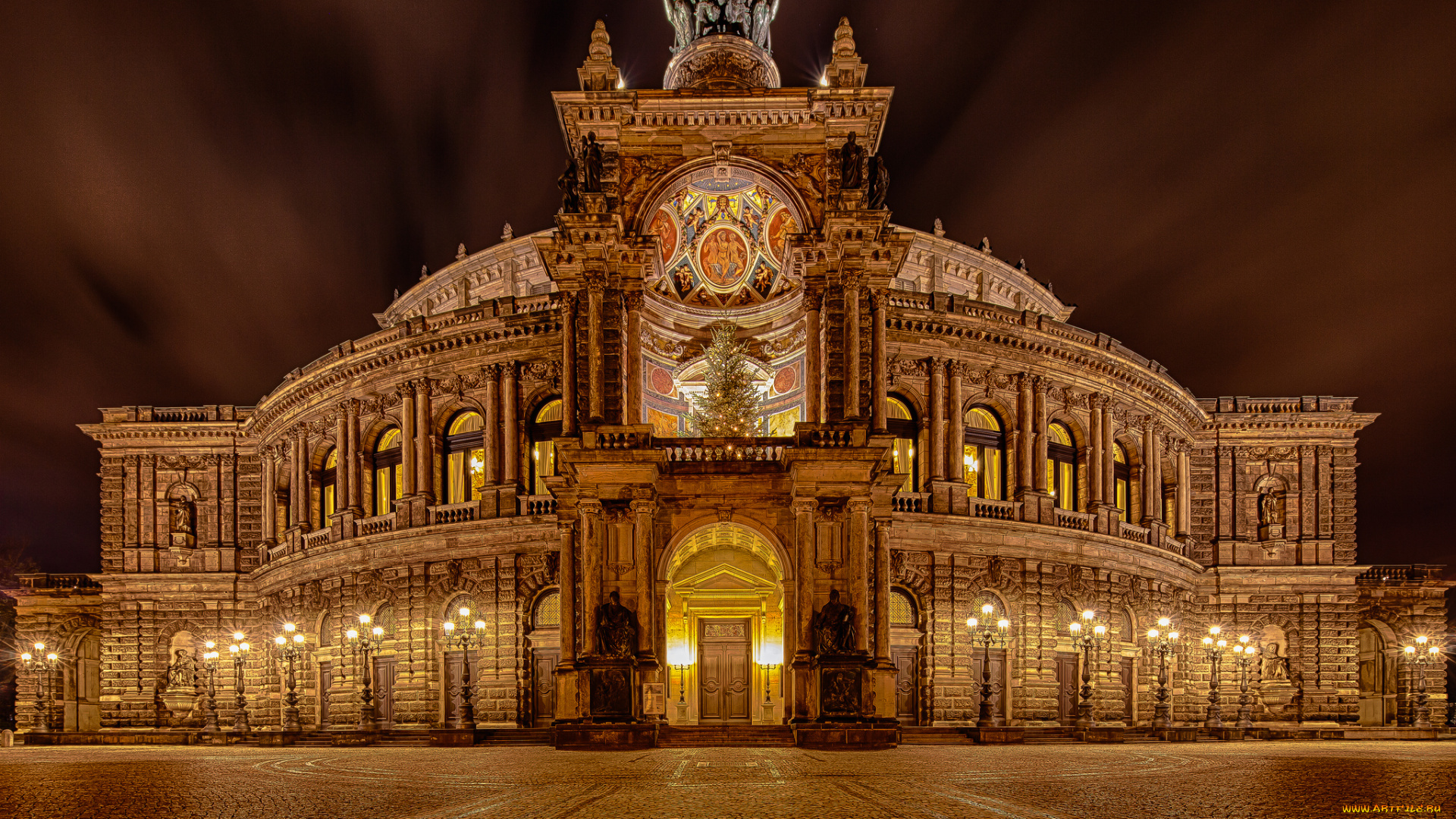 оперный, театр, города, дрезден, , германия, ночь, театр, архитектура