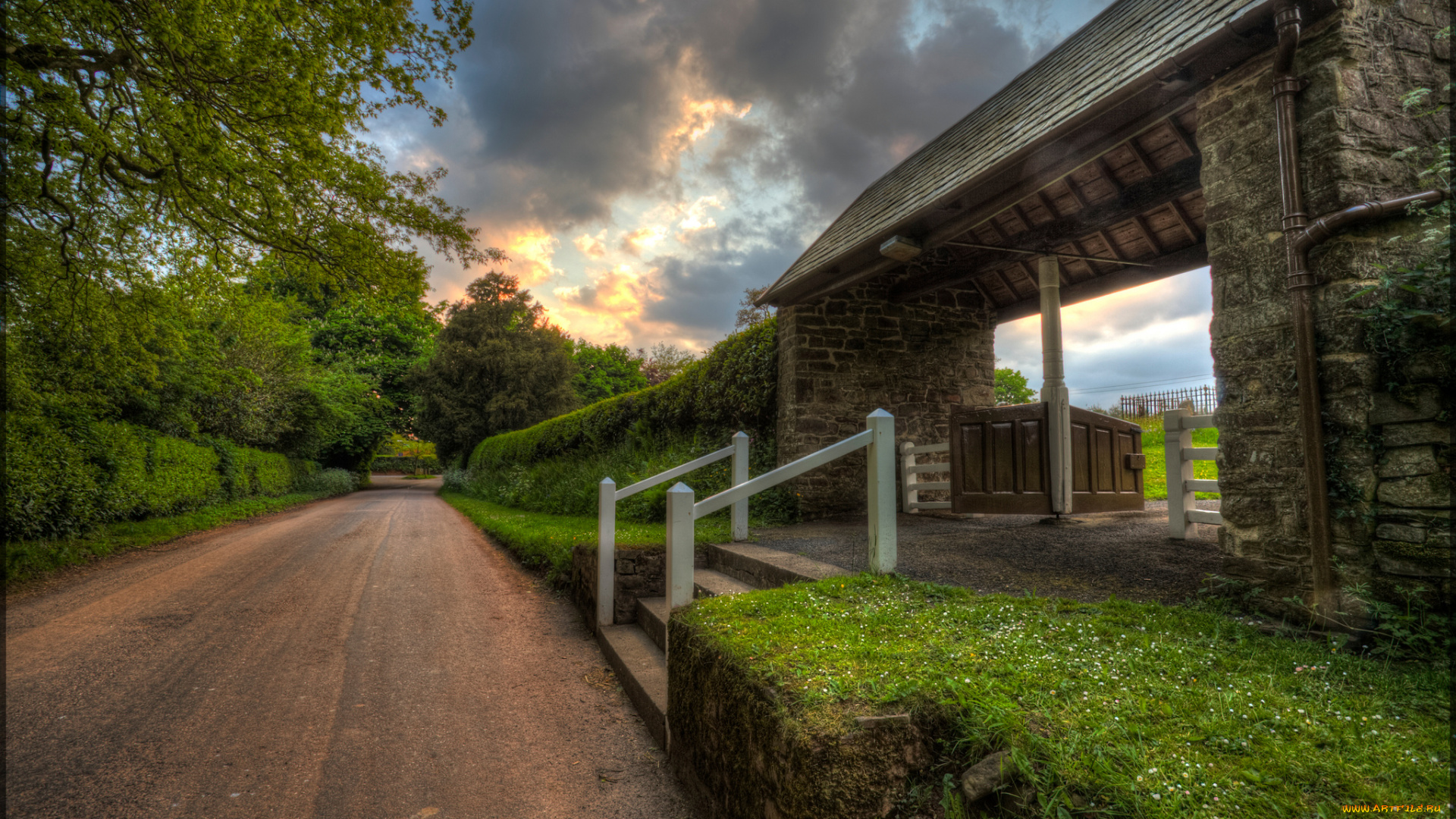 природа, дороги, лесенка, ворота, деревья, кустарник, дорога