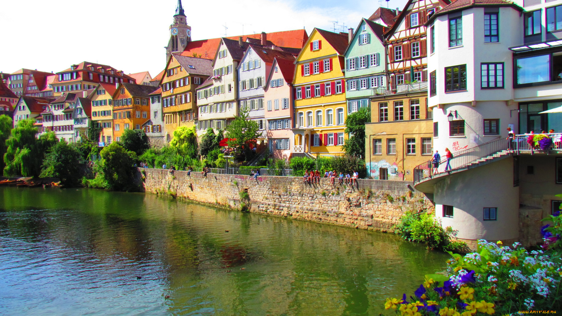tubingen, germany, города, -, улицы, , площади, , набережные, дома, река, деревья, набережная